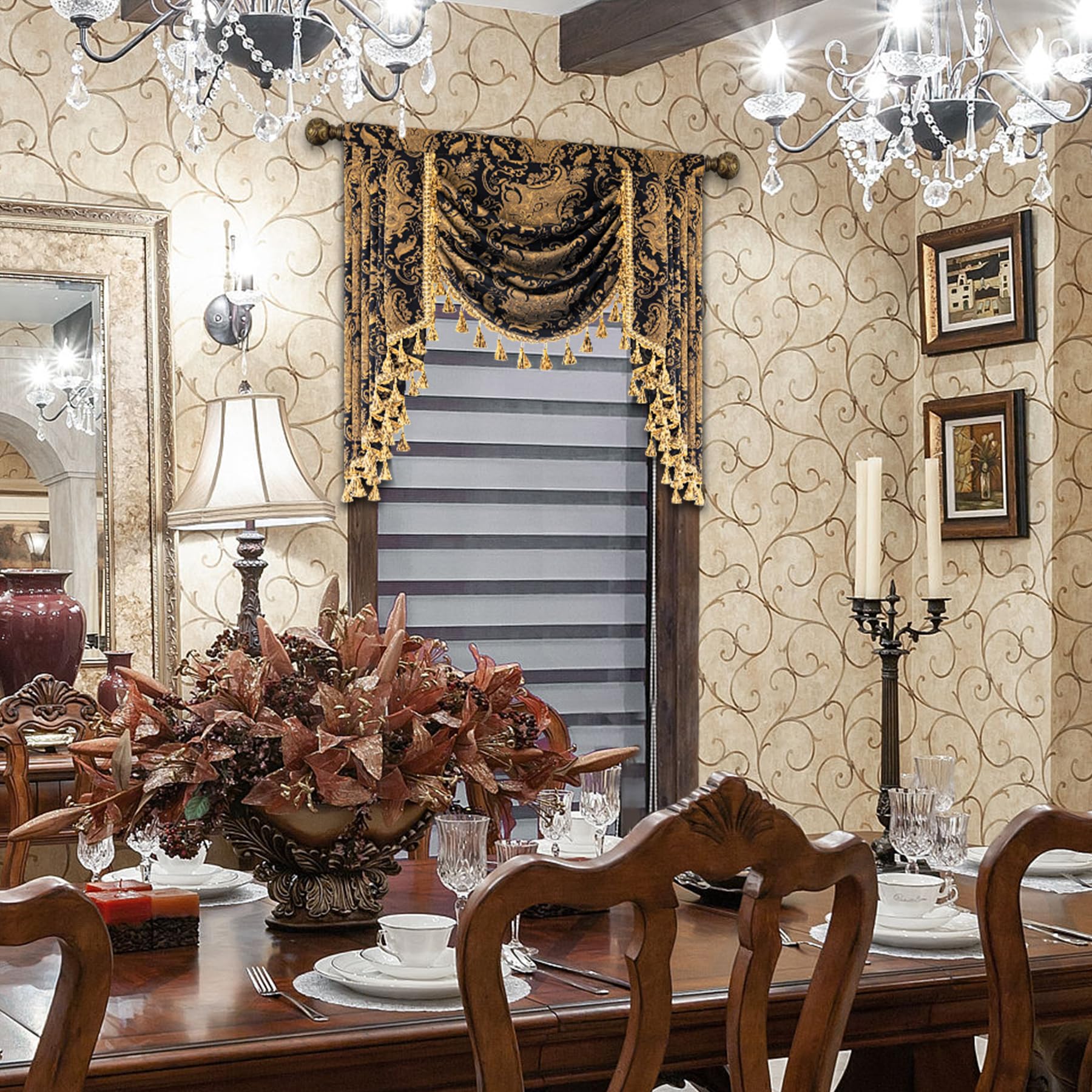 Loom And Mill Luxury Waterfall Valance For Living Room, Classic Damask Jacquard Swag Valances With Tassels, Balck Swag Curtains