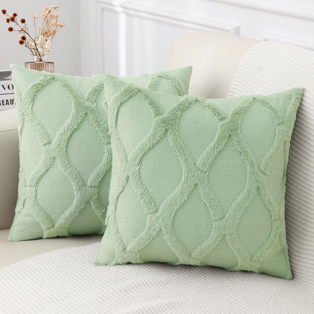 Decoruhome Spring Throw Pillow Covers 18X18 Inch Set Of 2, Soft Plush Faux Fur Wool Sage Green Couch Pillow Covers, Decorative Pillow Cases For Bed Sofa Living Room Home Decor
