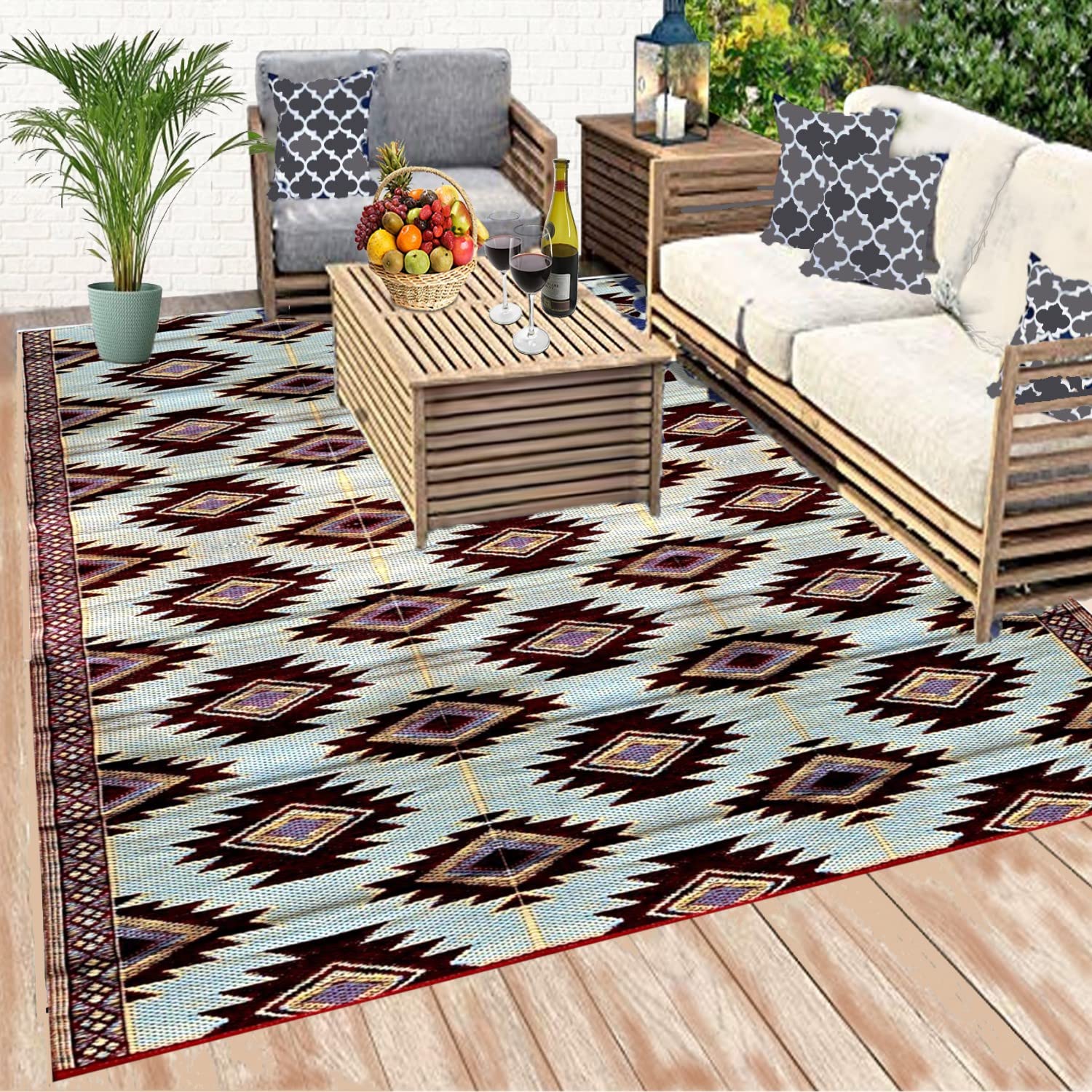 Balajeesusa Recycled Outdoor Plastic Patio Rugs Clearance Waterproof Rv Camper Rug Large Reversible Mats 9'X12' Red, Black, Sky