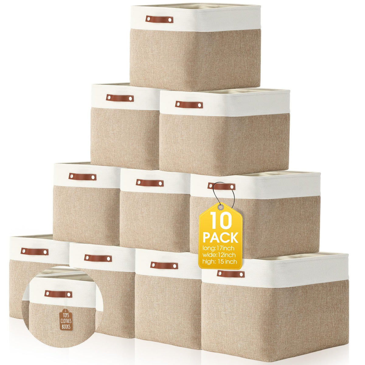 Uiifan 10 Pcs Collapsible Fabric Storage Baskets, 17 x 15 x 12 Inch, Beige