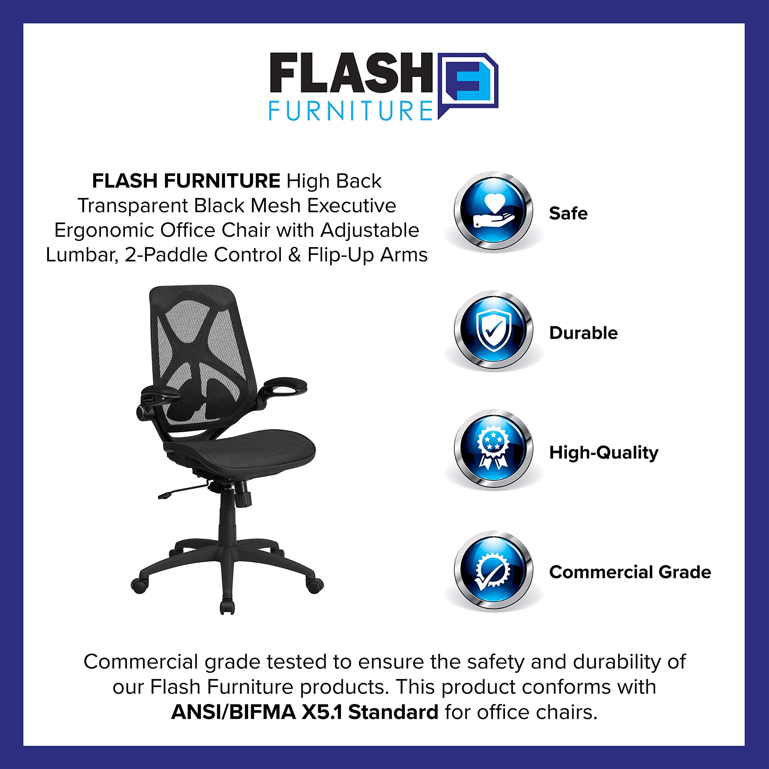 Flash Furniture Kimble High Back Transparent Black Mesh Executive Ergonomic Office Chair with Adjustable Lumbar, 2-Paddle Control & Flip-Up Arms