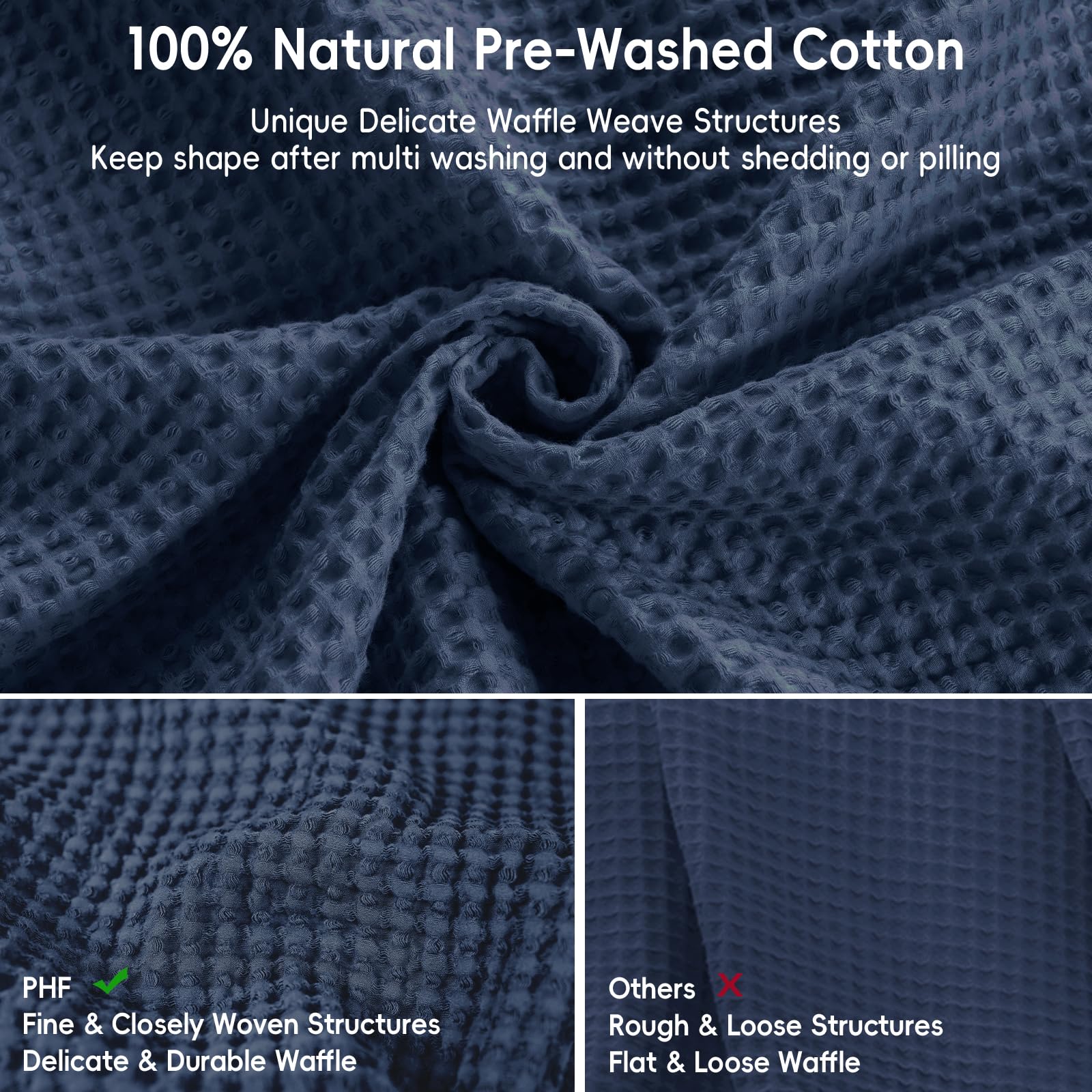 Phf 100% Cotton Waffle Weave Blanket Twin Size 66'X90'-Lightweight Washed Soft Breathable Blanket For All Season-Perfect Blanket Layer For Couch Bed Sofa -Elegant Home Decoration - Dark Navy