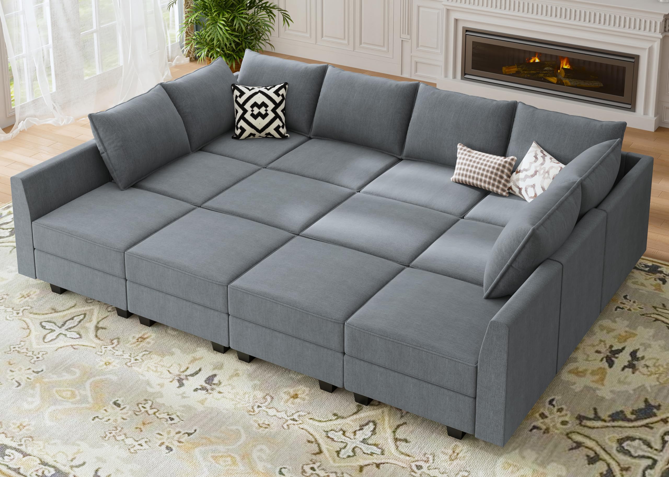 Honbay Convertible Sleeper Sectional Sofa Bed Modular Sofa With Storage Seat Reversible Sectional Sleeper Sofa Set With Modular Sectional Couch Bed, Bluish Grey