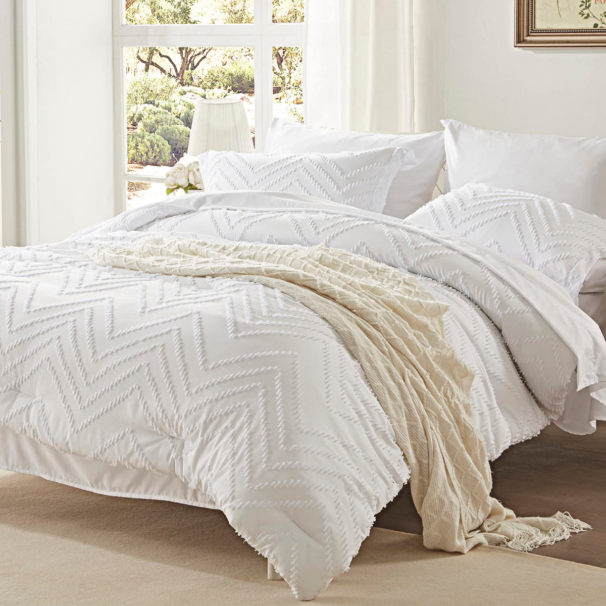 Anluoer Queen Comforter Set, White Tufted Bed In A Bag 7 Pieces With Comforters And Sheets, All Season Bedding Sets With 1 Comfo