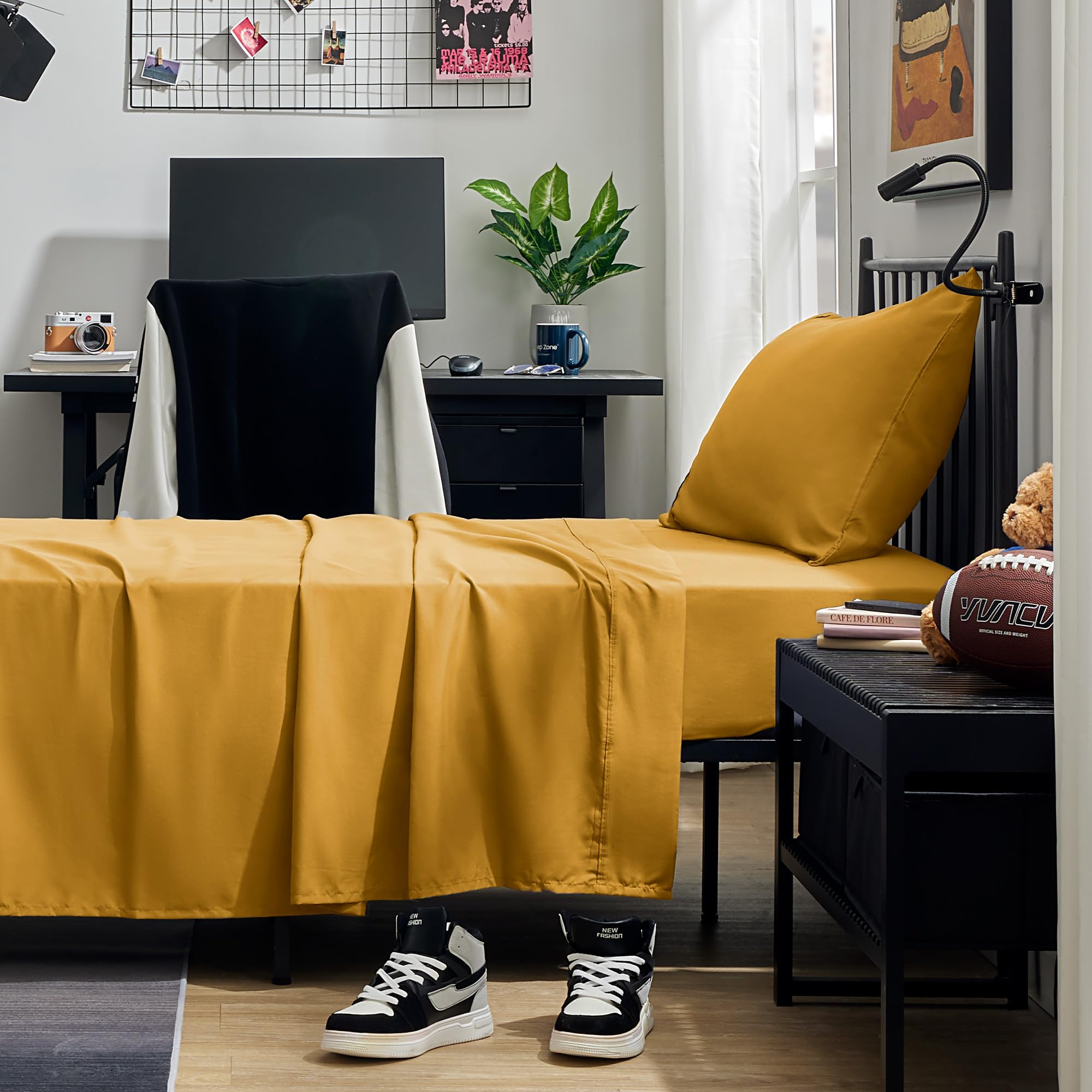 Sleep Zone Nanotex Super Soft Cooling Twin Bed Sheets Set For Kids 3 Piece - Easy Care Fitted Flat Sheet & Pillowcase Sets - Wrinkle Free, Fade Resistant, Deep Pocket 16' (Dull Yellow, Twin)