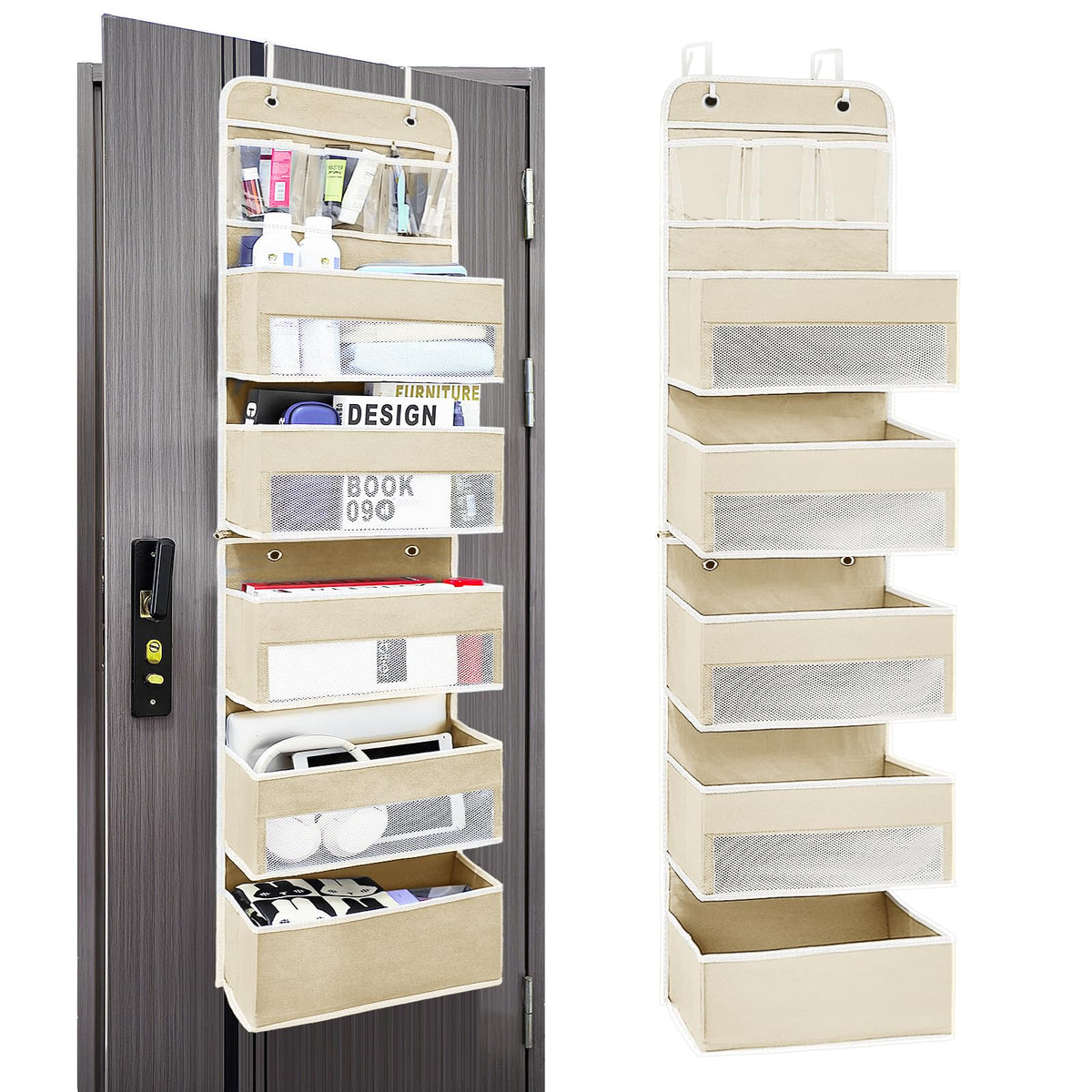 Over the Door Organizer 6 Shelves & 8 Pockets, Zippered Divider