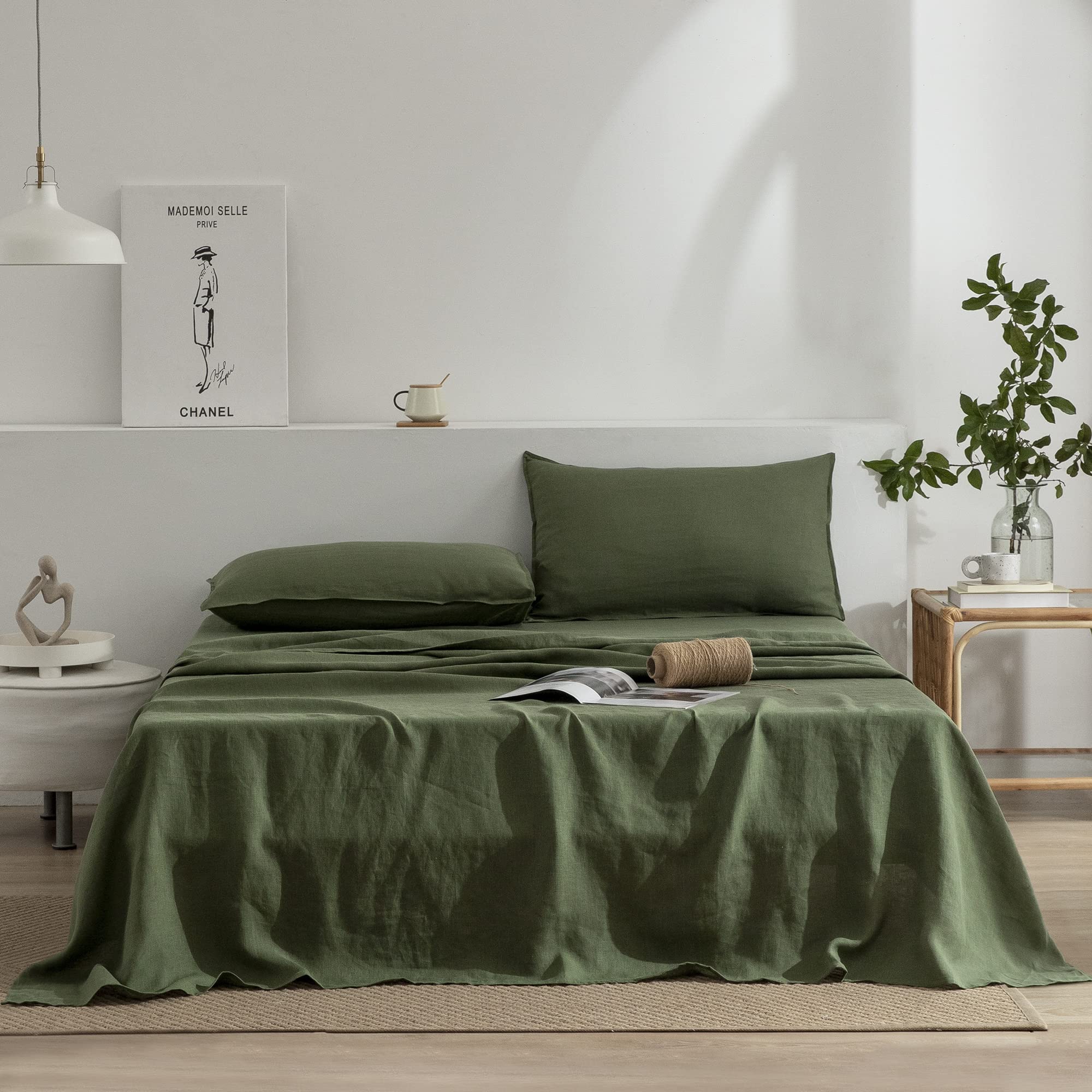 EVERLY Linen Twin Sheets Set, 100% Stonewashed French Linen Bed Sheets Deep Pocket Sheets, 3 Pieces (1 Flat Sheet, 1 Fitted Shee