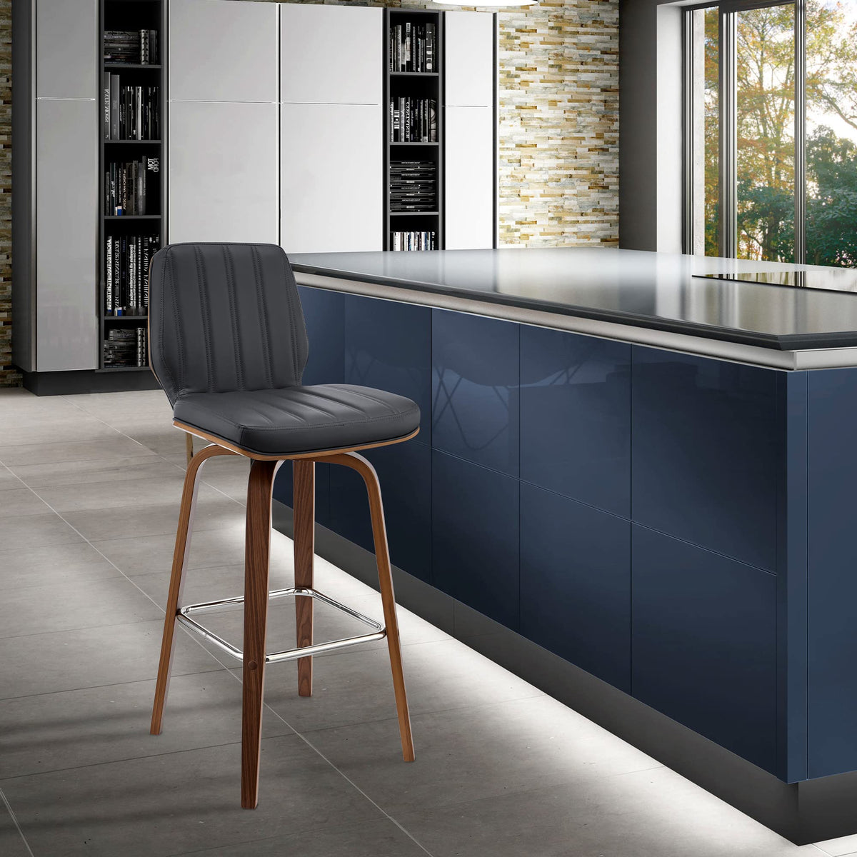 Armen Living Renee 30 '' Swivel Gray Faux Leather and Walnut Wood Bar Stool