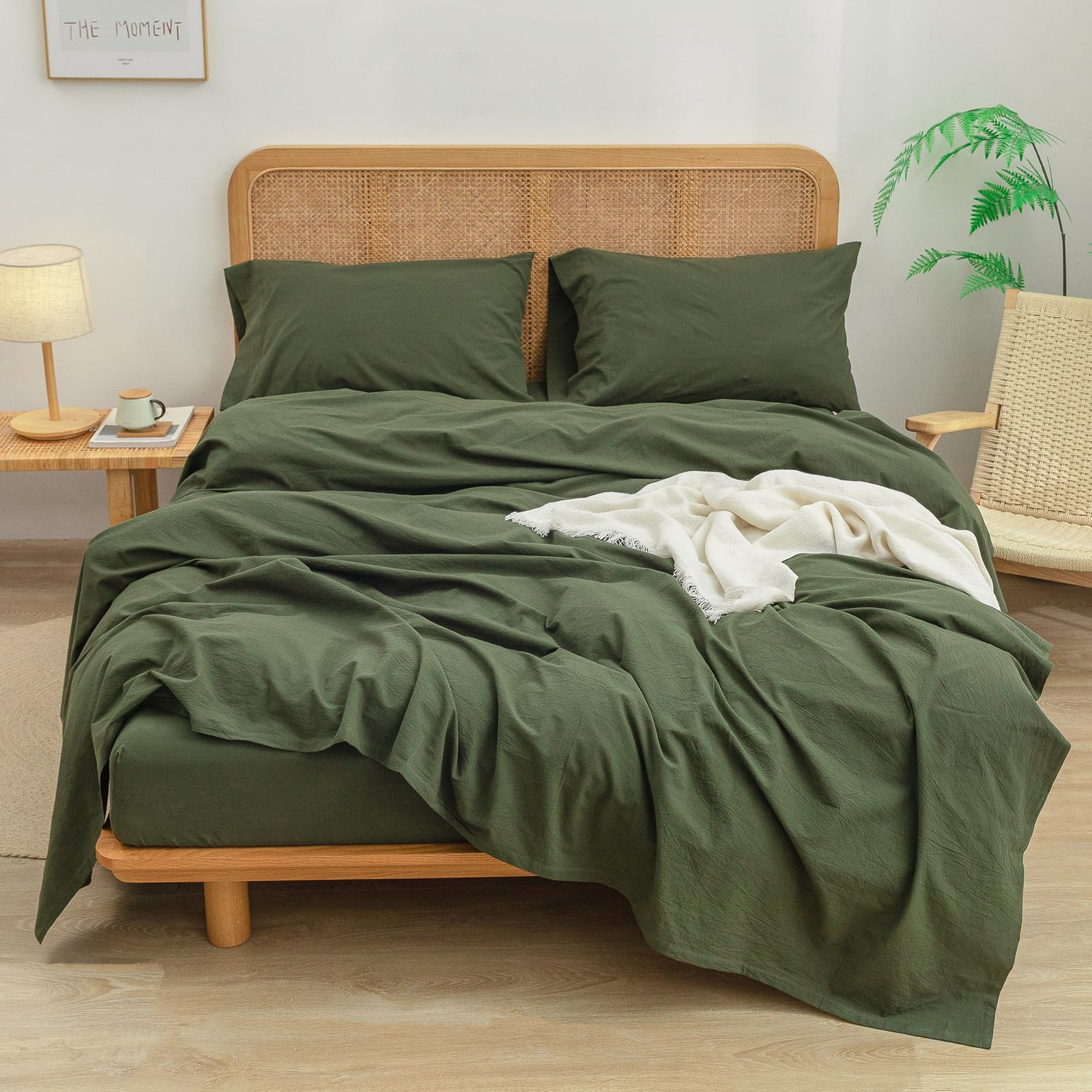 Bestouch Sheet Set 100% Washed Cotton Linen Feel Super Soft Comfortable Chic Lightweight 3 Pcs Home Bedding Set Solid Olive Gree
