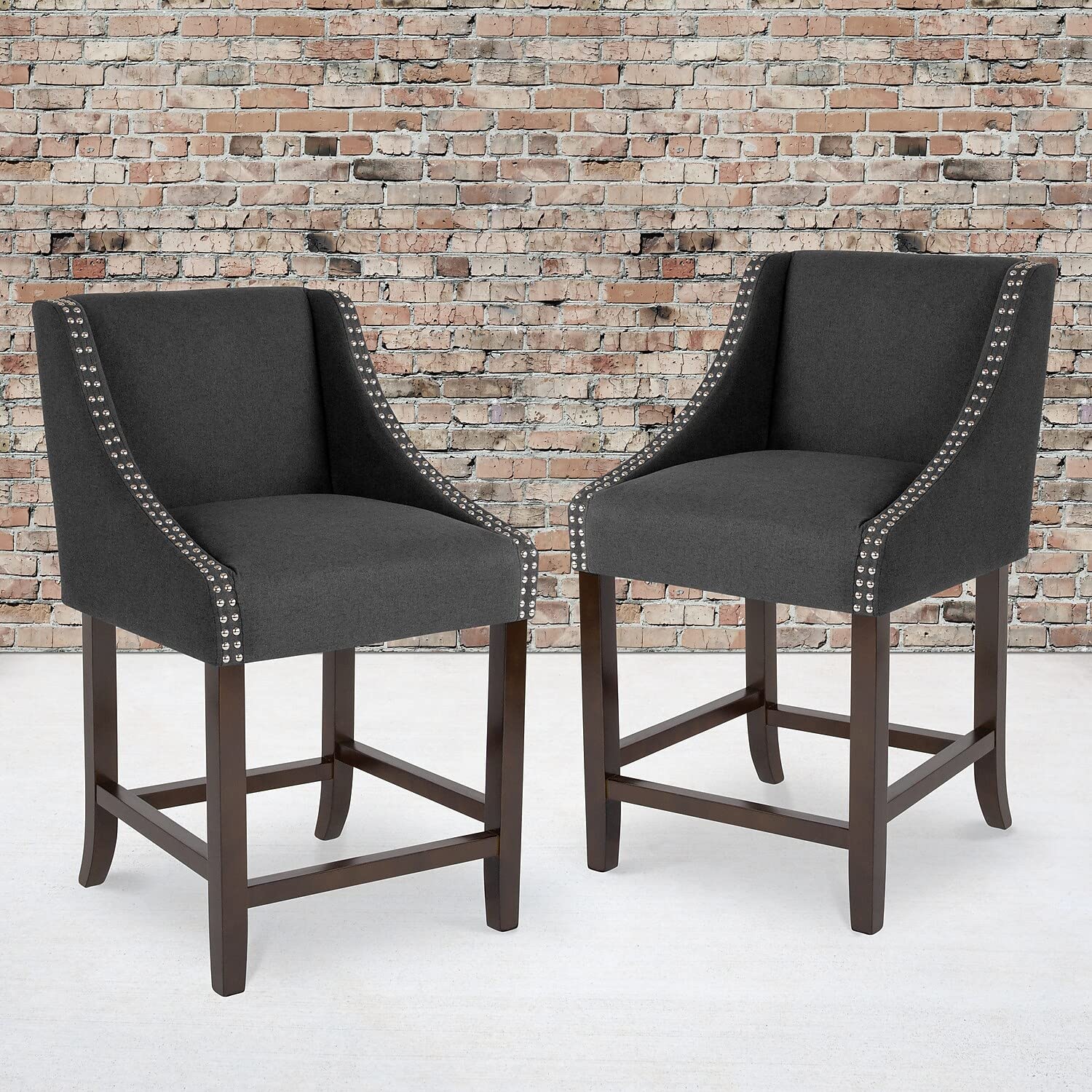 Flash Furniture Carmel Series 24' High Transitional Walnut Counter Height Stool With Nail Trim In Charcoal Fabric, Set Of 2