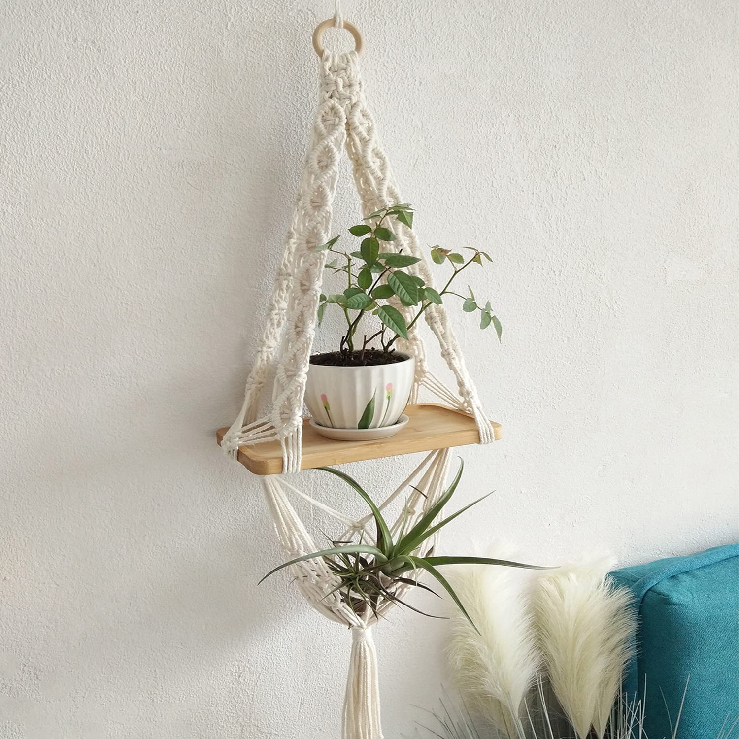 Kaahira Macrame Wall Hanging Book Shelf | Boho Bedroom Wall Decor | Wood Floating Hanging Storage Shelf Organizer | Macrame Shel