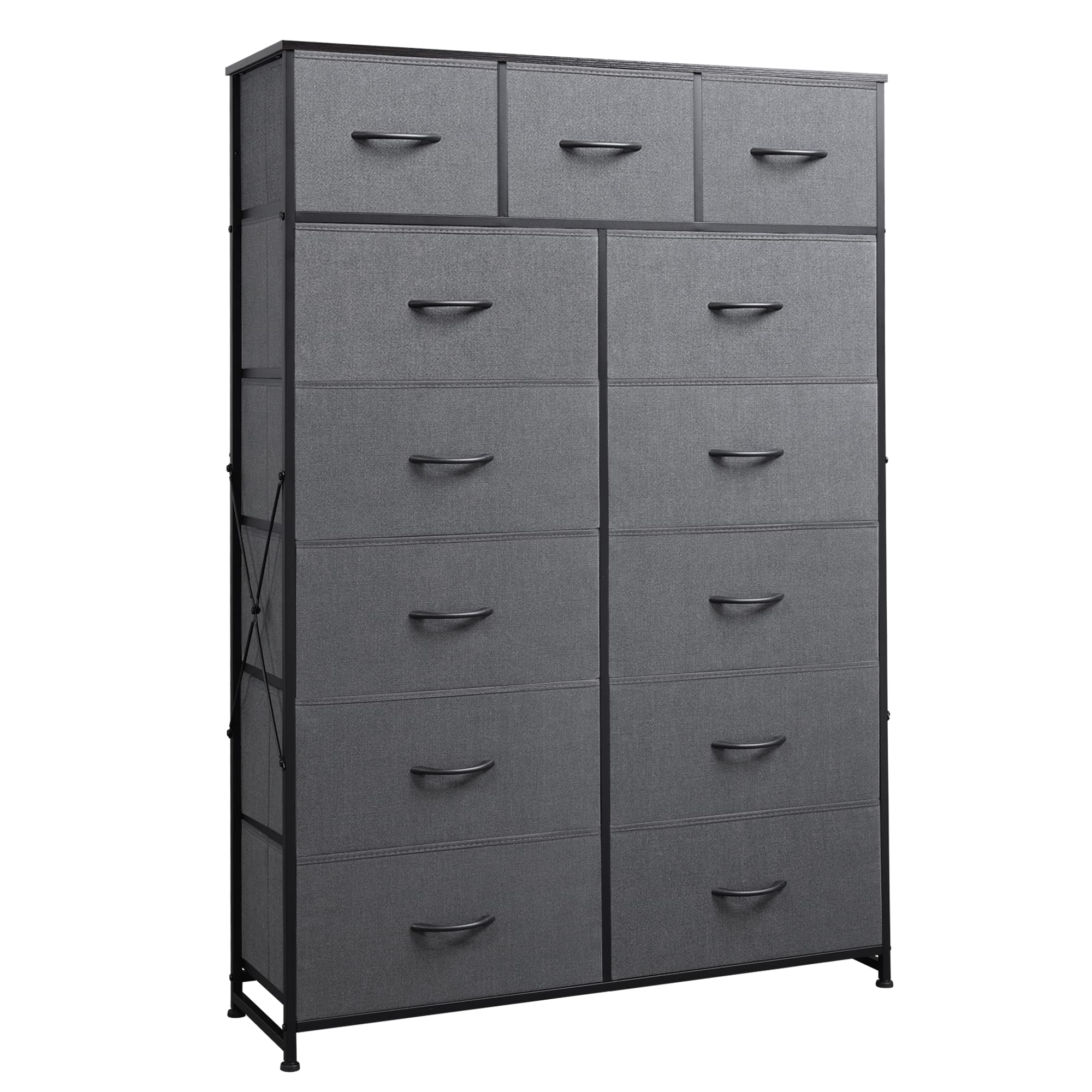 Wlive Tall Dresser For Bedroom With 13 Drawers, Storage Dresser Organizer Unit, Fabric Dresser For Bedroom, Closet, Chest Of Drawers With Fabric Bins, Steel Frame, Wood Top, Dark Grey
