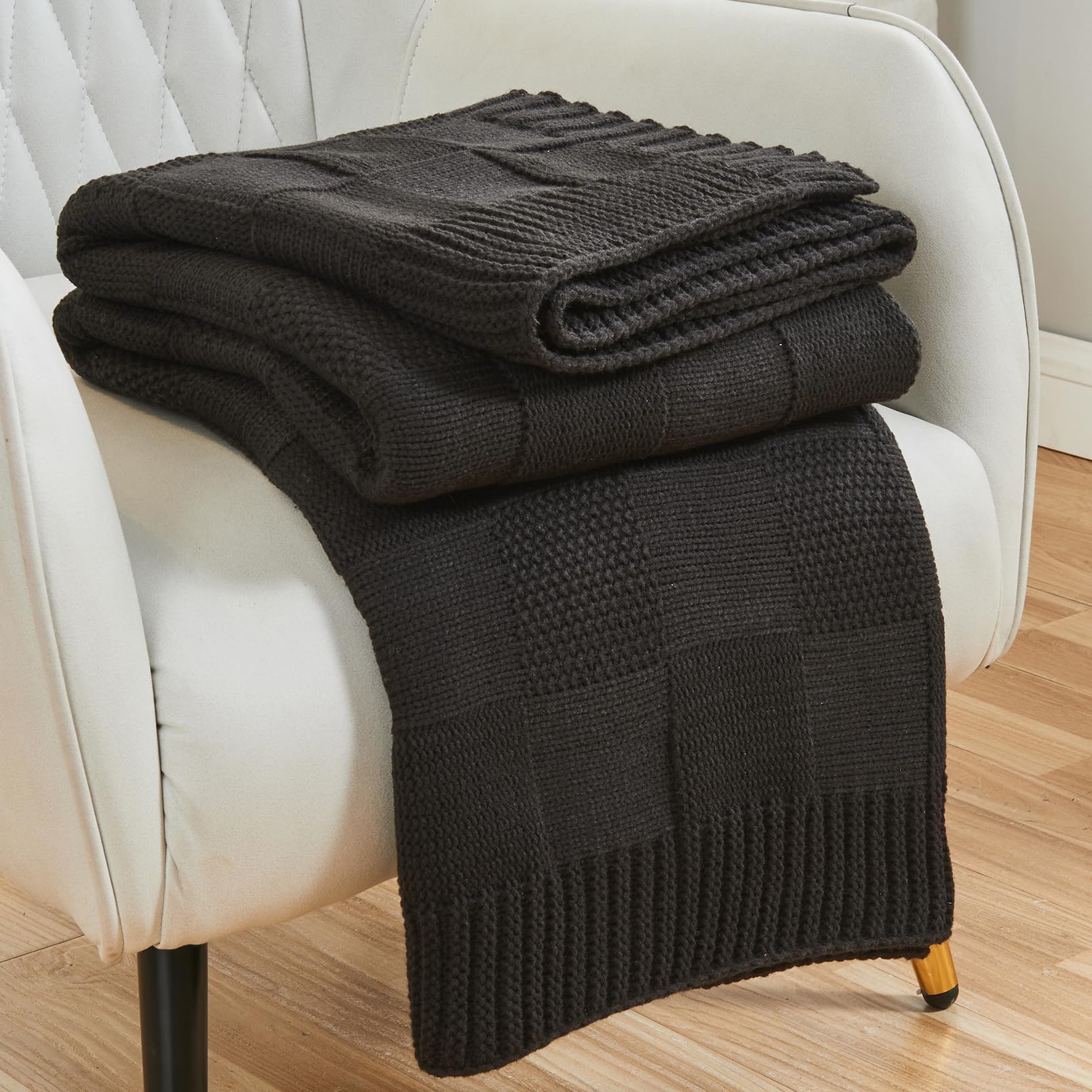 Cozecube Knit Throw Blanket, Black Checkered Throw Blanket For Couch, Soft Cozy Warm Knitted Throw Blanket For Bed Sofa Living R