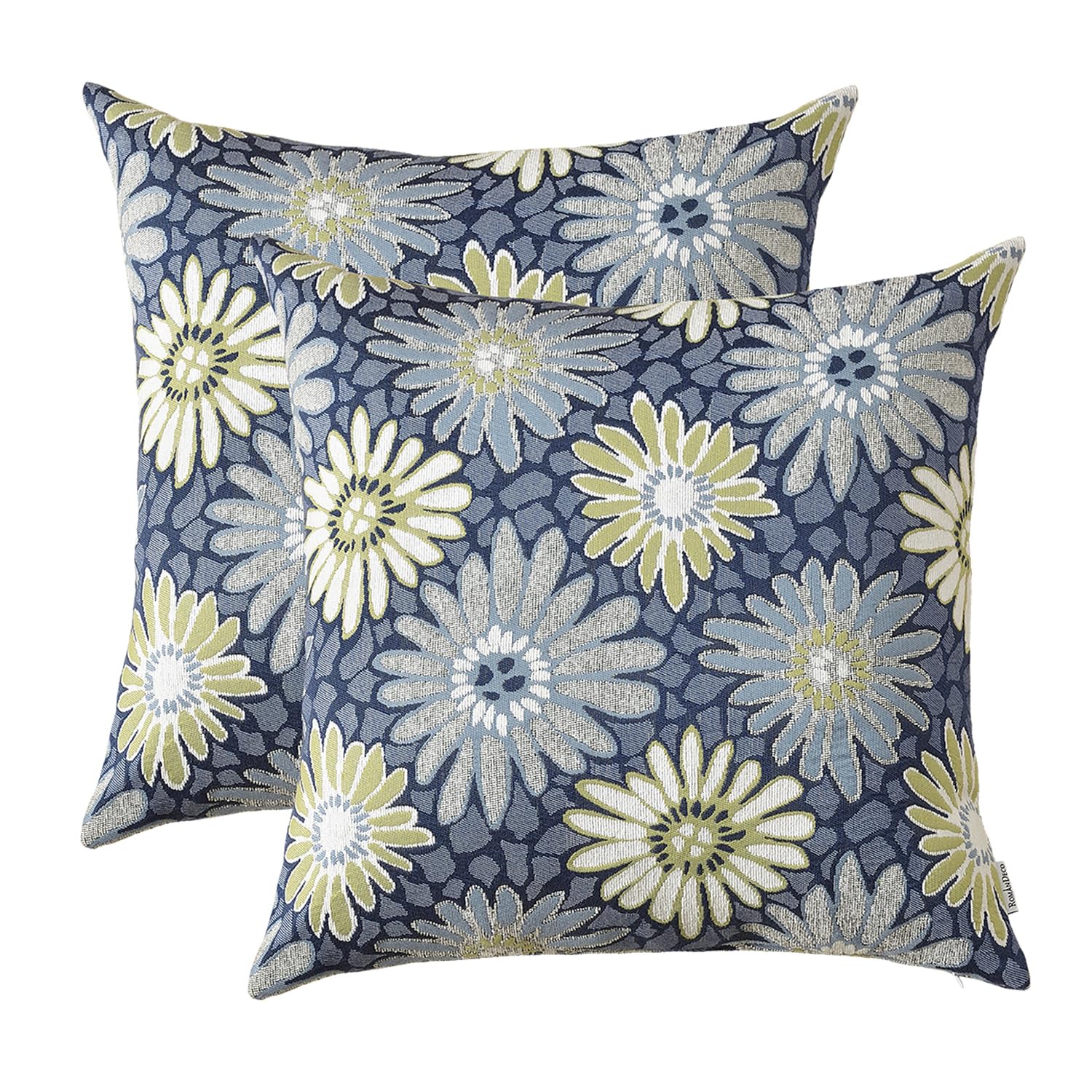 Romandeco Jacquard Floral Decorative Throw Pillow Covers For Couch Set Of 2, 16X16 Inches, Navy Blue