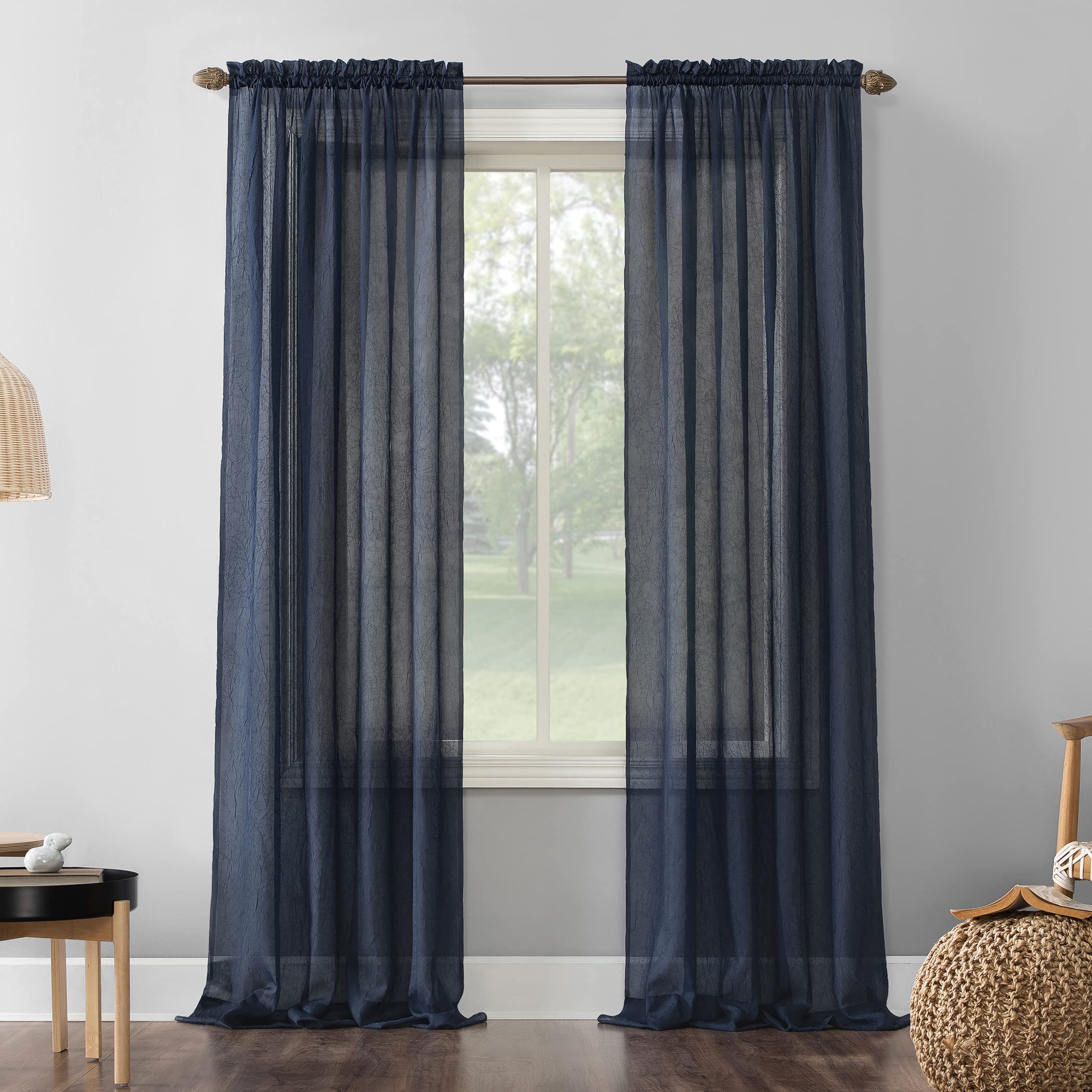 No. 918 Erica Crushed Sheer Voile Rod Pocket Curtain Panel, 51 x 63, Navy Blue