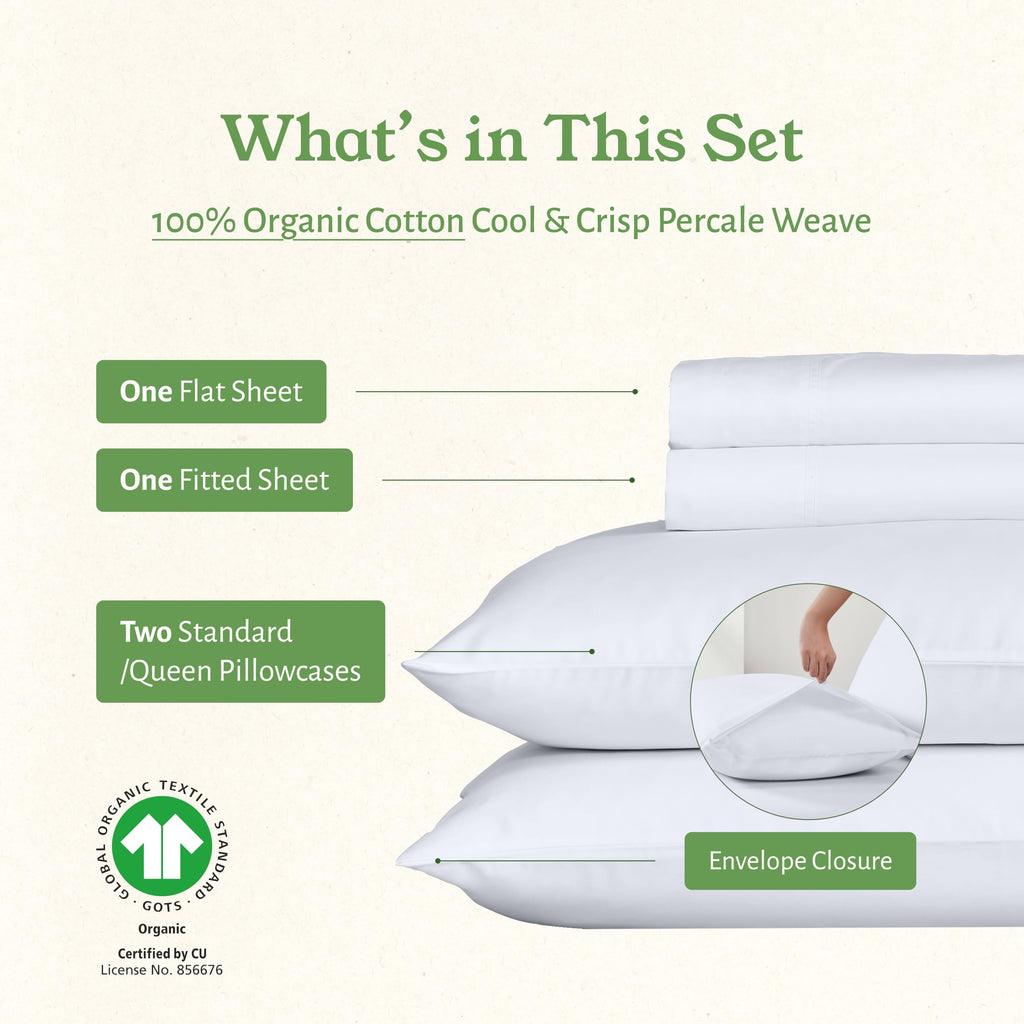 California Design Den Percale Full Size Sheet Sets, Deep Pocket 100% Organic Cotton Sheets, Gots Certified, Soft, Breathable & Cooling Sheets Full Size Bed, White Sheets