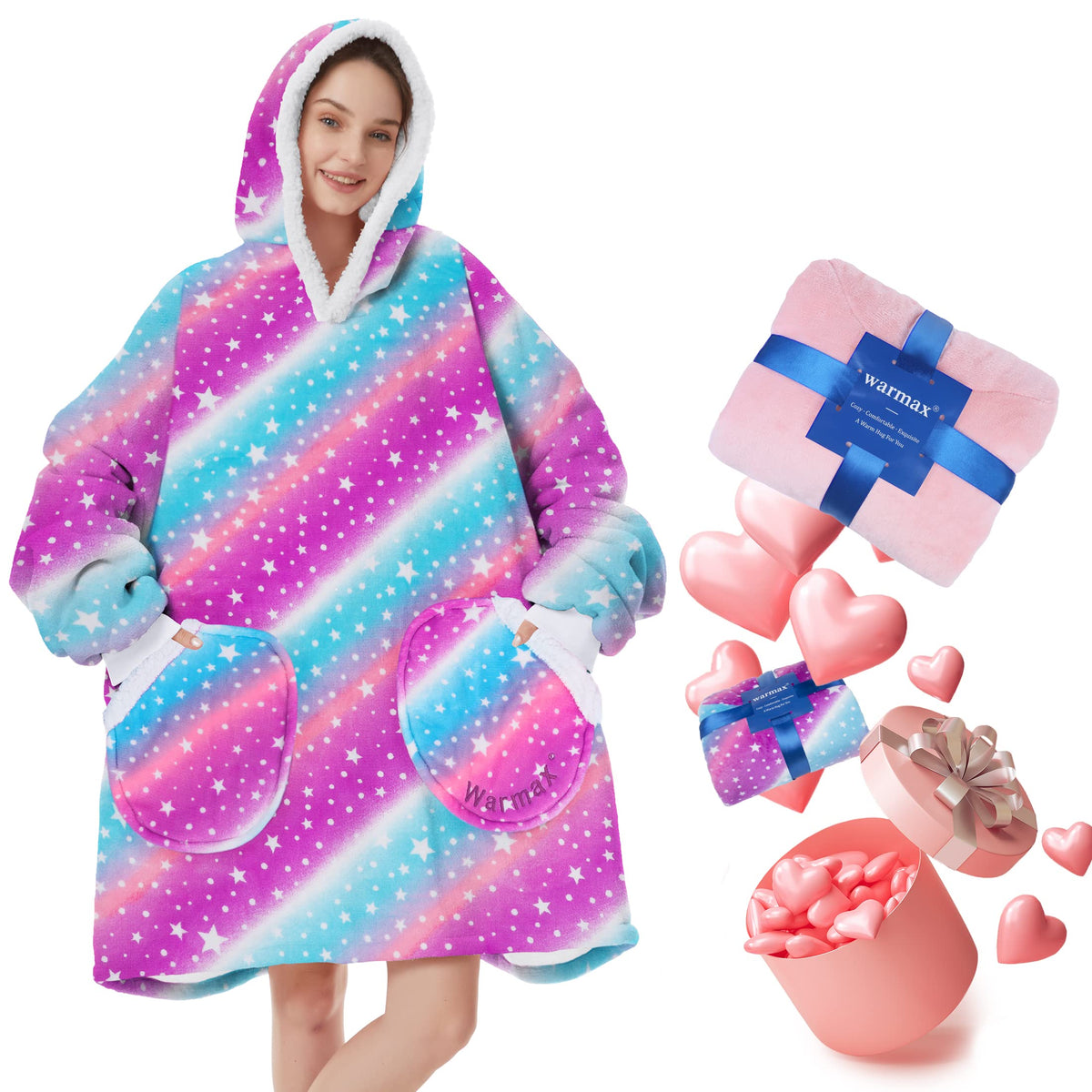 American Trends Wearable Blanket Hoodie, Oversized Sherpa Warm Blanket Sweatshirt, Gift For Women For Women Men Girls Stars