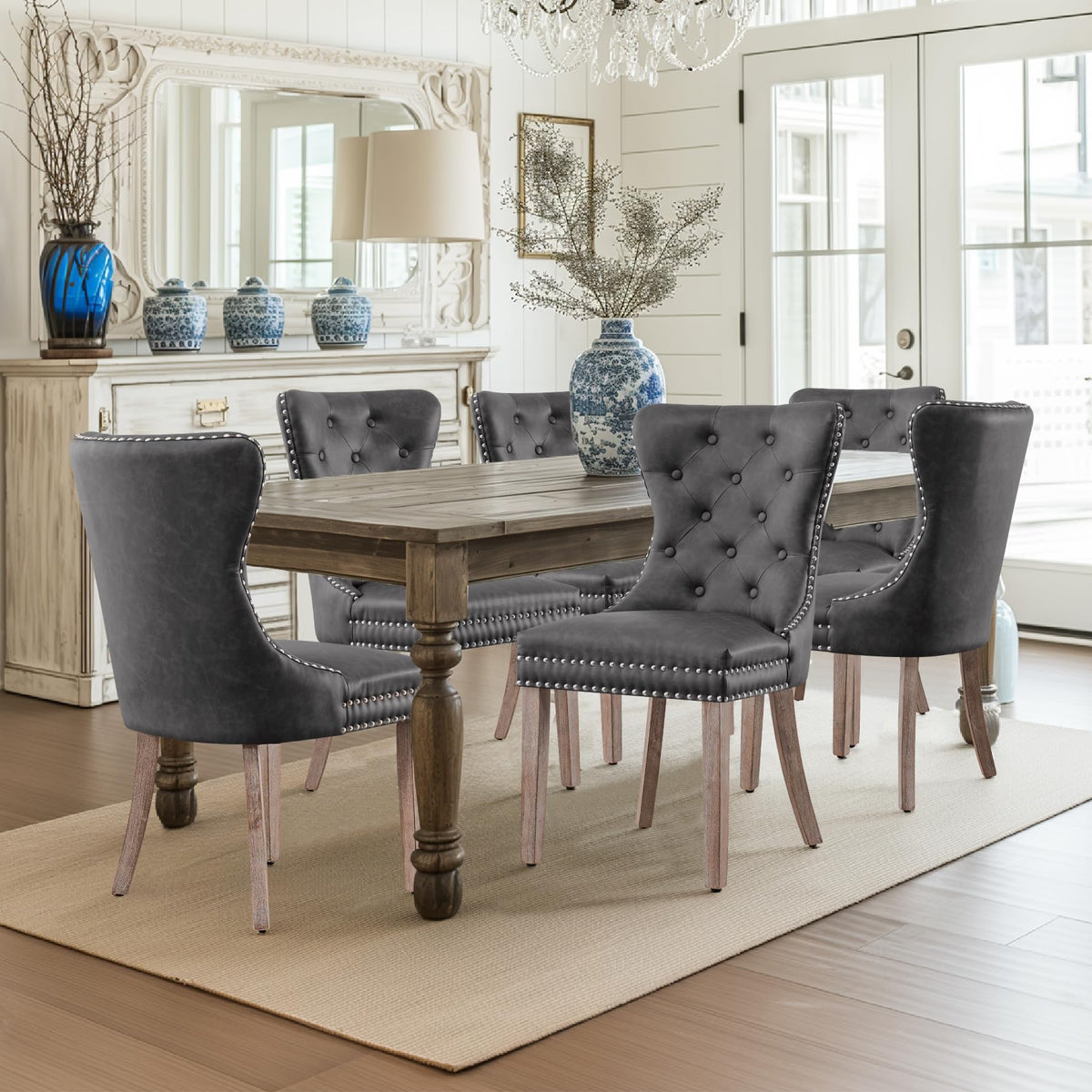 Chun Yi Faux Leather Dining Chairs Set Of 8, Tufted Wingback Upholstered Dining Room Chairs With Nailhead And Wood Legs, Mid Cen