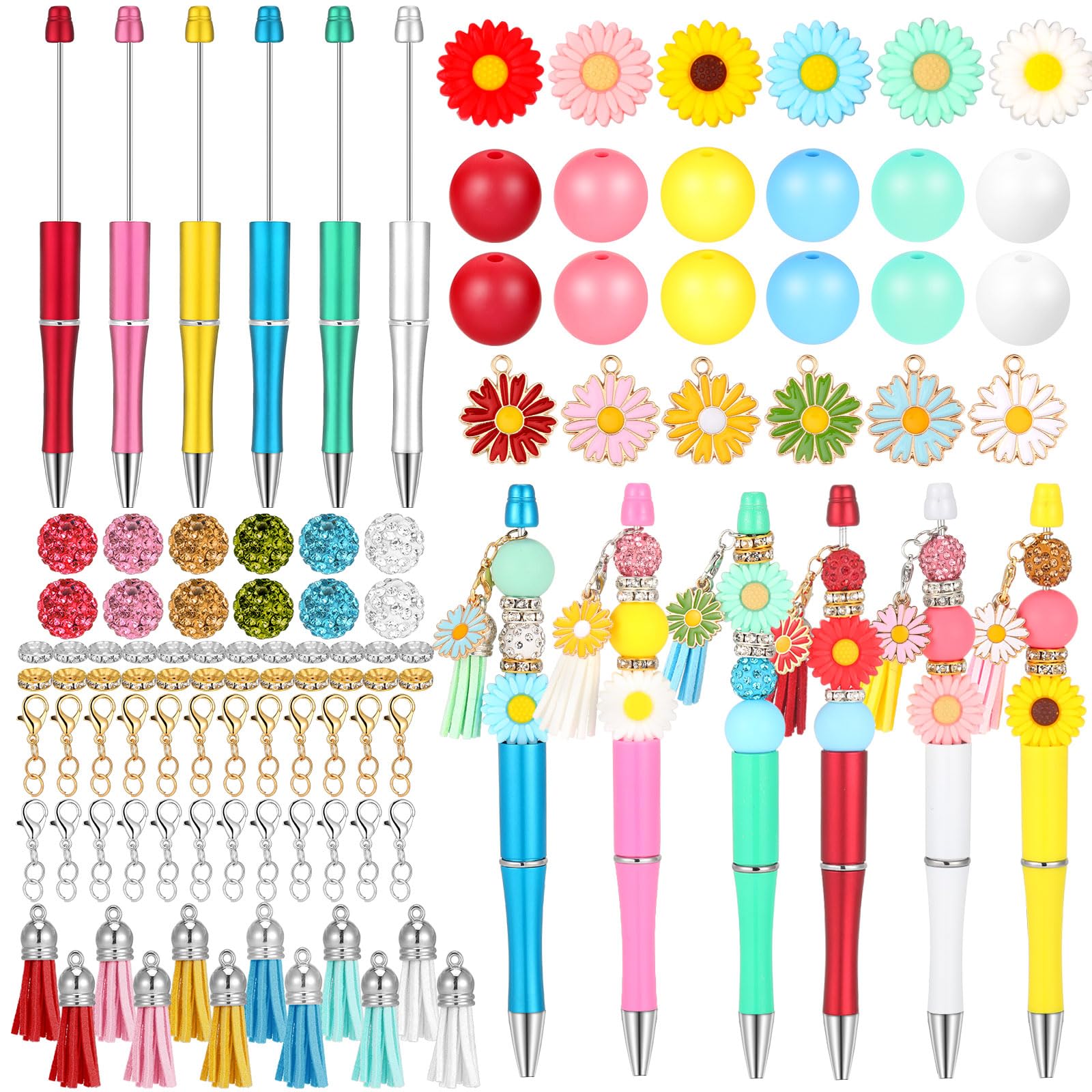 12 Sets Daisy Beadable Pens Diy Sunflower Pen Making Kit Assorted Bead Pens Silicone Beads Spacer Bead Black Ink Ballpoint Pen C