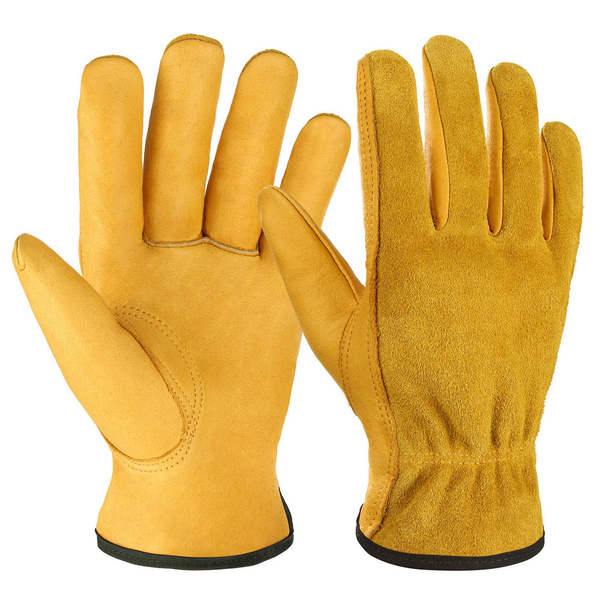 Ozero Leather Work Gloves Flex Grip Tough Cowhide Gardening Glove For Wood Cutting/Construction/Driving/Garden For Men And Women