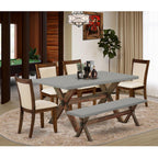 East West Furniture X796Mzn32-6 6 Piece Dining Set Contains A Rectangle Dining Room Table With X-Legs And 4 Light Beige Linen Fabric Parson Chairs With A Bench, 36X60 Inch, Multi-Color