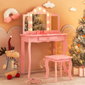 Costzon Kids Vanity, Girls Vanity Set with Mirror and Stool and Lights, Drawer, 2 in 1 Wooden Princess Makeup Desk Dressing Tabl