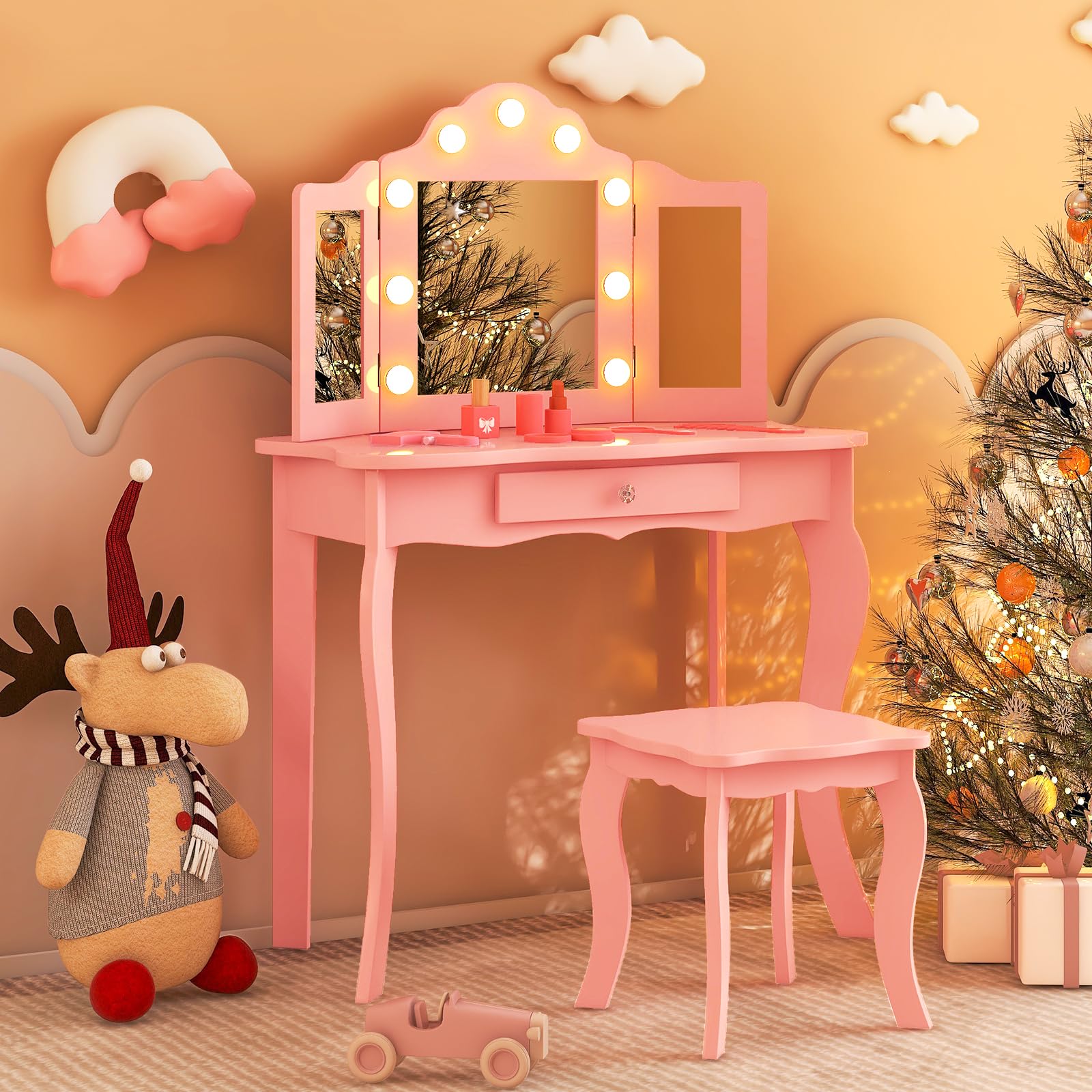 Costzon Kids Vanity, Girls Vanity Set with Mirror and Stool and Lights, Drawer, 2 in 1 Wooden Princess Makeup Desk Dressing Tabl