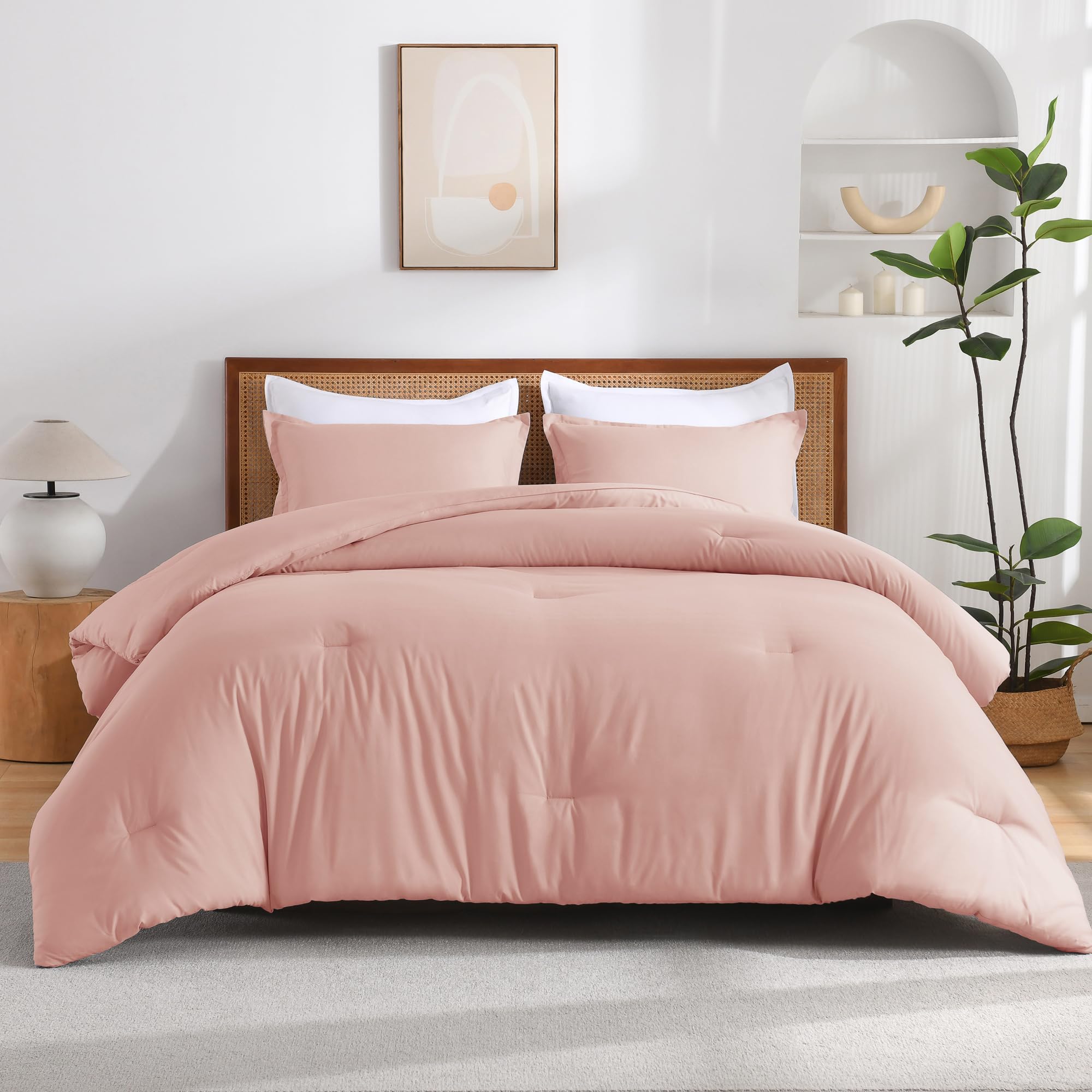 Andency California King Size Comforter Set, 3 Pieces Blush Pink Boho Solid Bedding Comforter Set, Modern Reversible Soft Fluffy Cal King Bed Set For All Season
