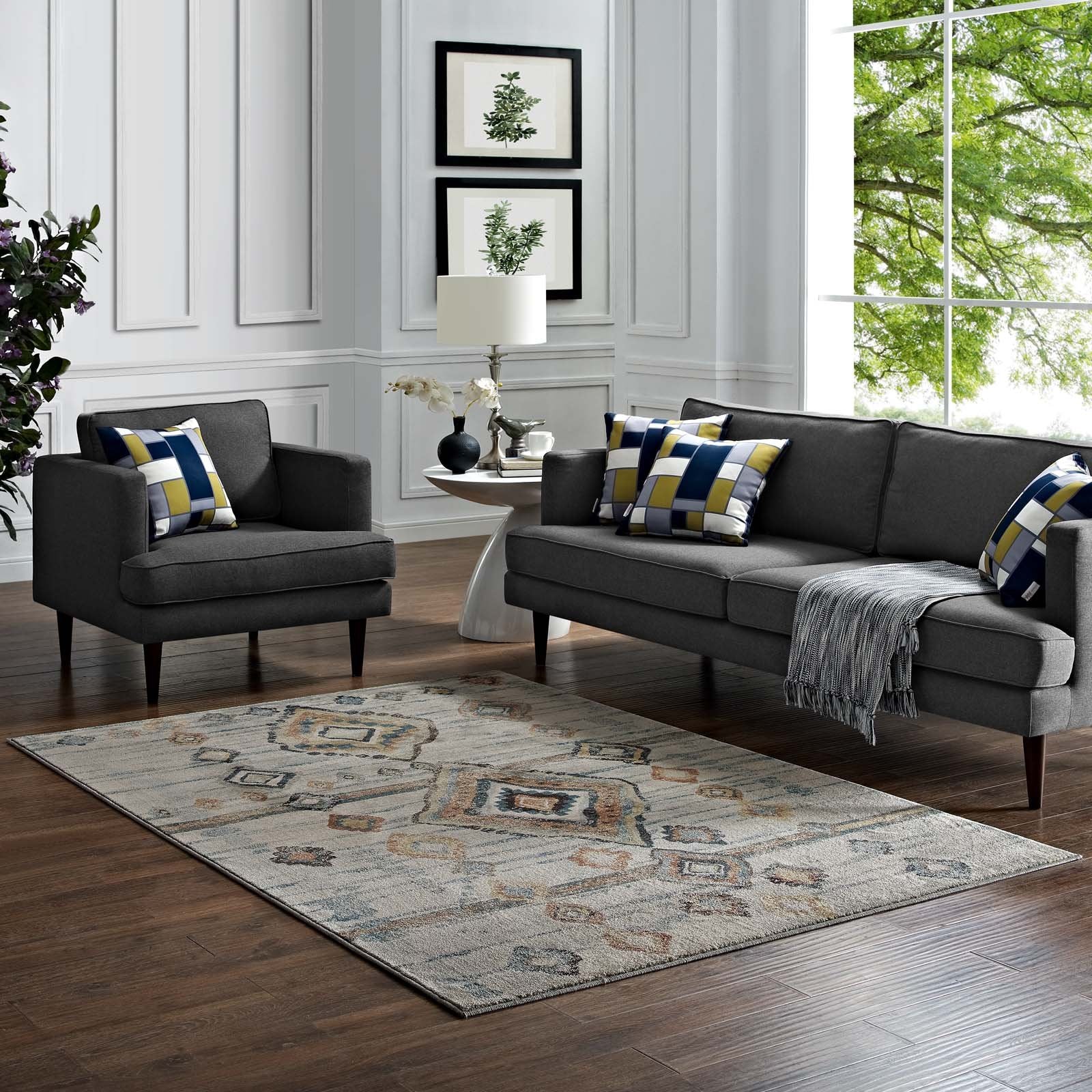 Modway Jenica Moroccan Tribal Abstract Diamond 5X8 Area Rug In Silver Blue, Beige And Brown