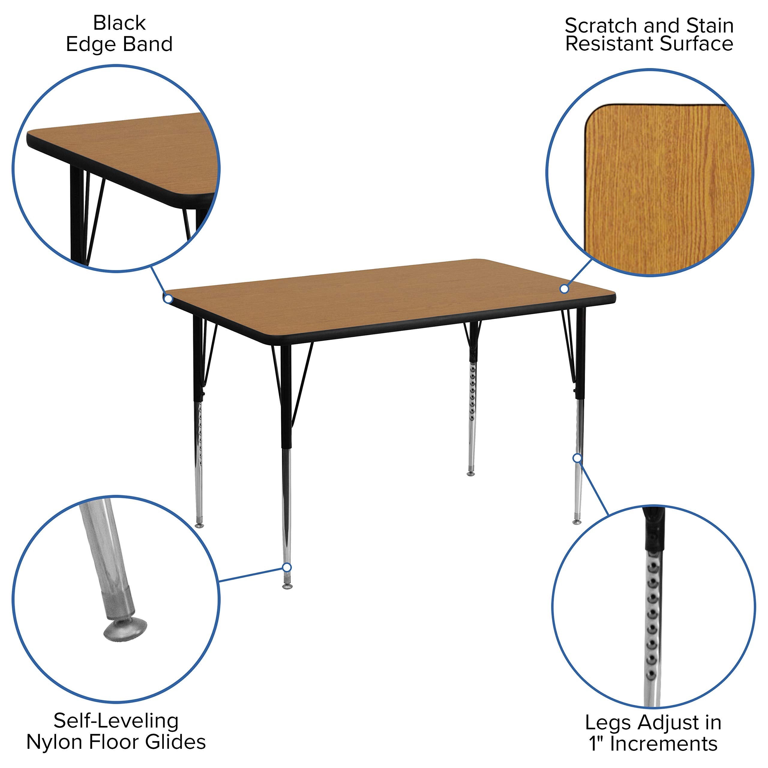 Flash Furniture Wren 30''W x 48''L Rectangular Oak Thermal Laminate Activity Table - Standard Height Adjustable Legs