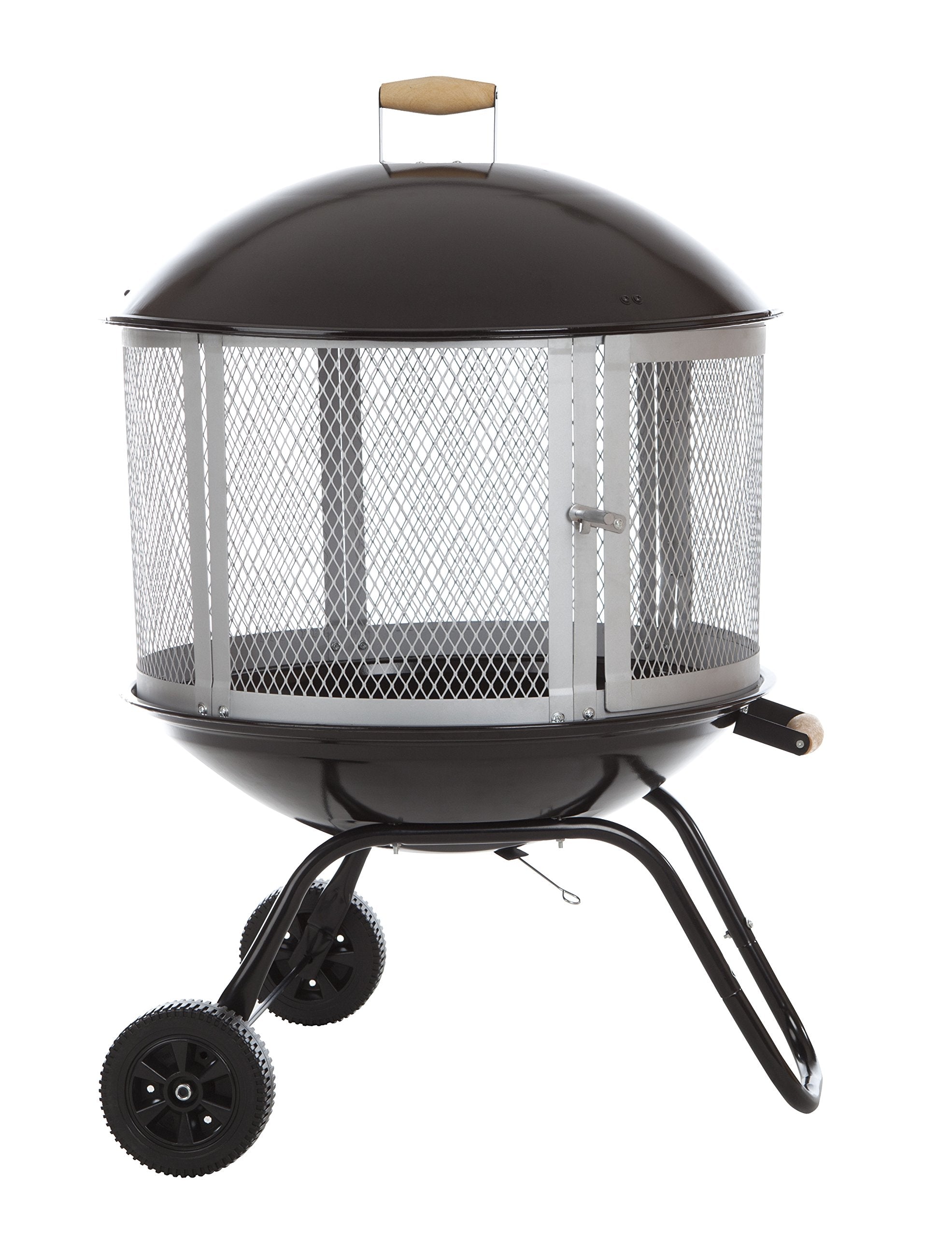 Fire Sense 01471 Fire Pit Bessemer Rolling Patio Fireplace Wooden Bonfire Porcelain Enamel Wood Burning with Wheels & Handle Gri