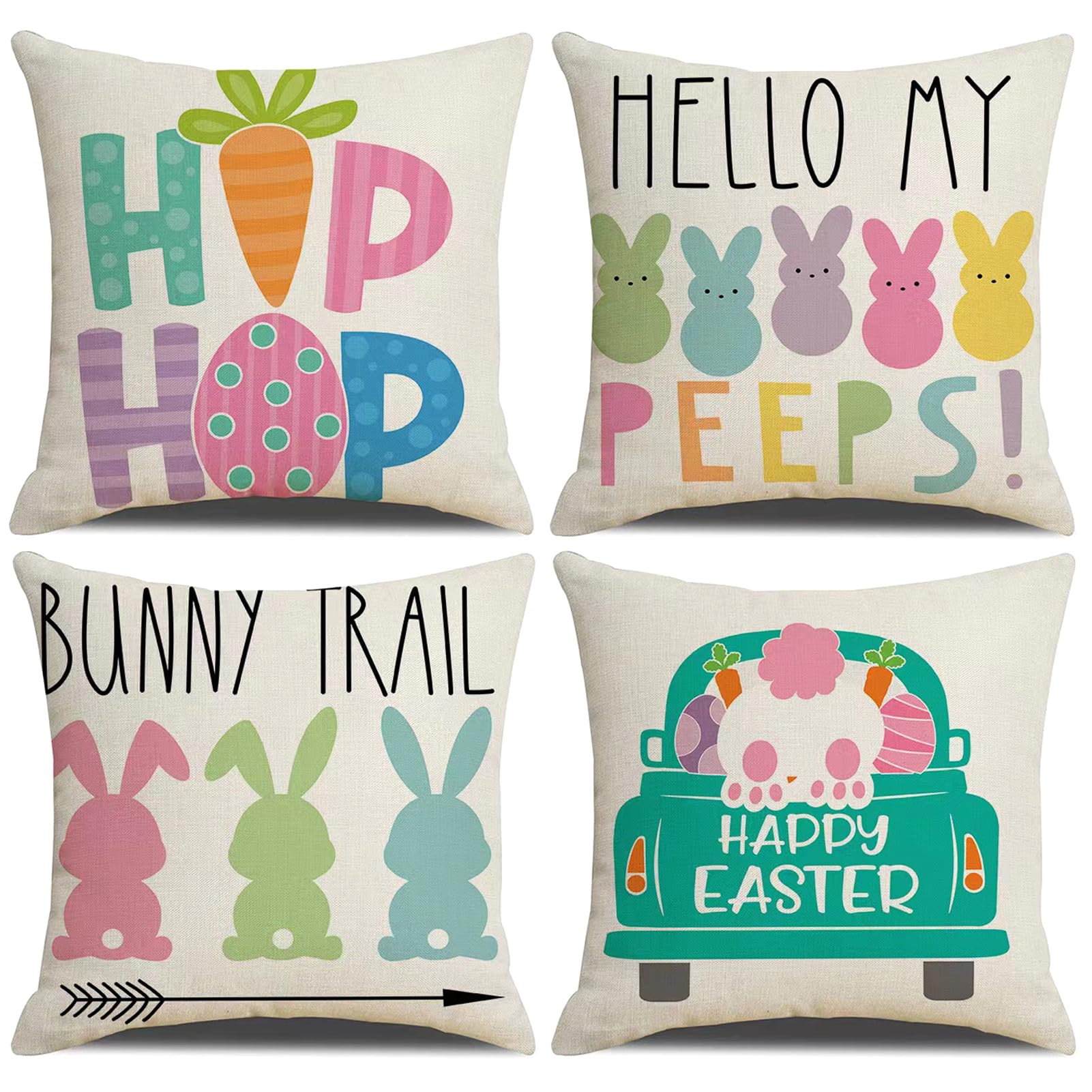 Easter Decor-Throw Pillow Covers 18X18In Set Of 4,Spring Linen Pillow Case With Bunny And Egg For Large Couch Sofa Home Indoor O