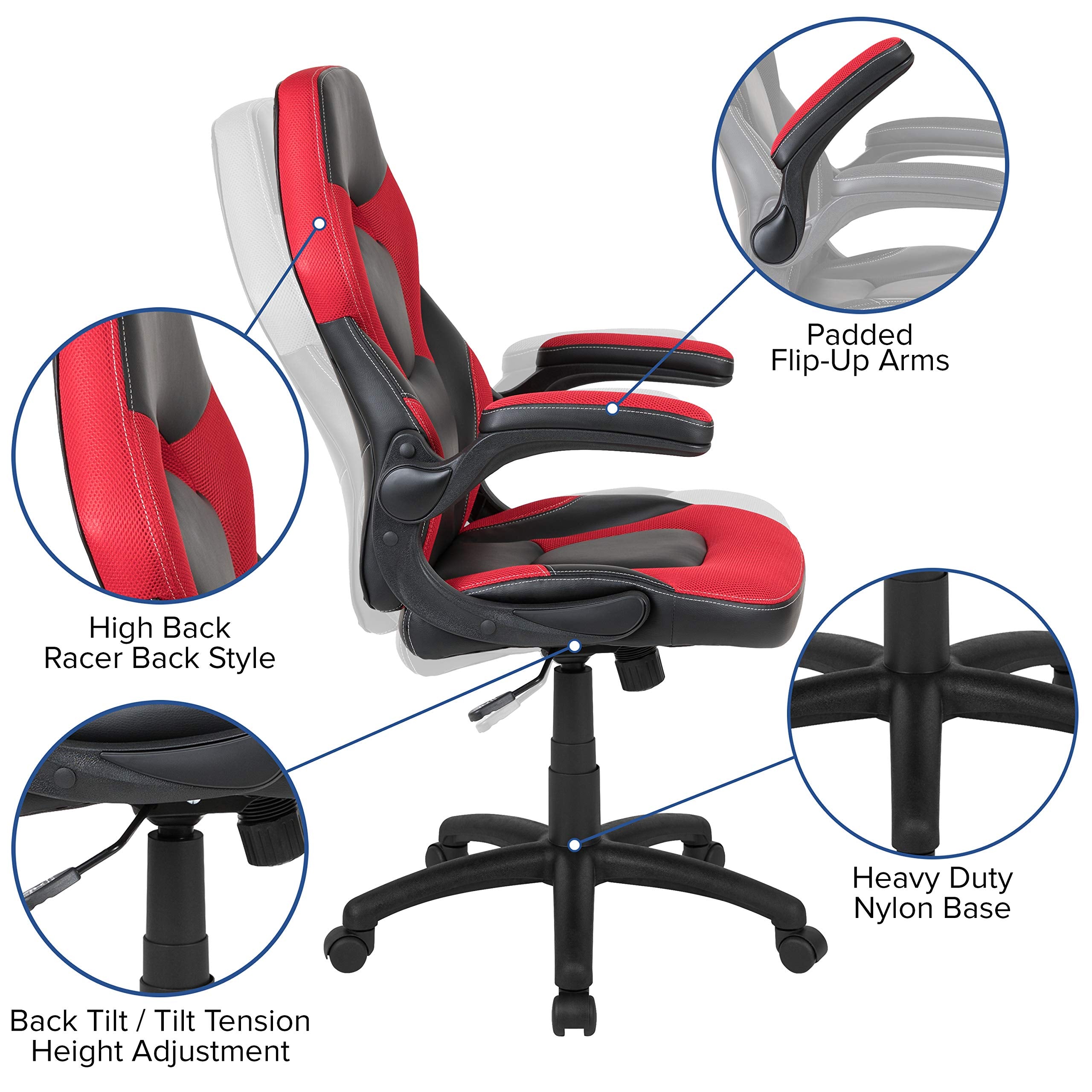 Flash Furniture X10 High-Back Leathersoft Racing Style Gaming Chair With Flip-Up Arms, Ergonomic Padded Swivel Computer Chair, Red/Black
