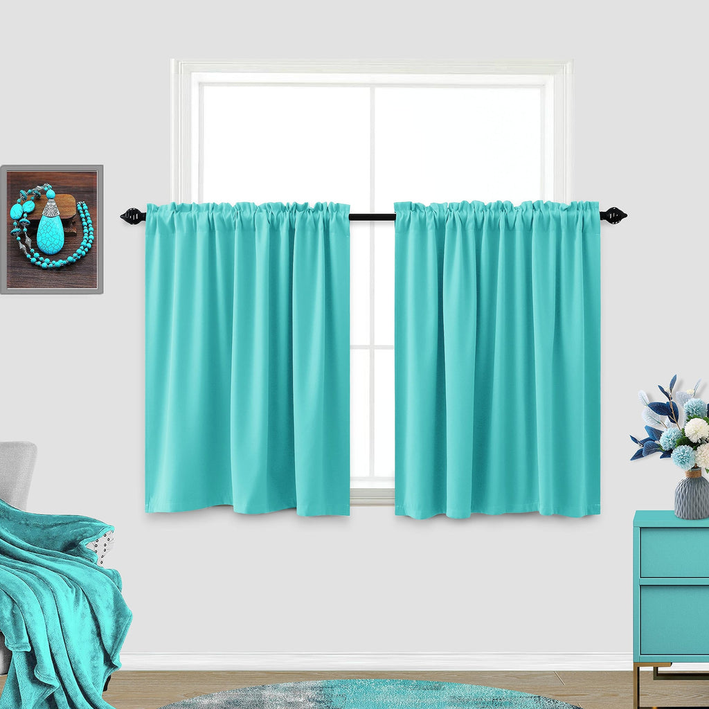 Koufall Turquoise Short Curtains 24 Inch Length For Kitchen Bedroom Set Of 2 Panels Blackout Room Darkening Rod Pocket Cafe Curtains Tier Curtains For Small Bathroom Windows 34X24 Inches Long