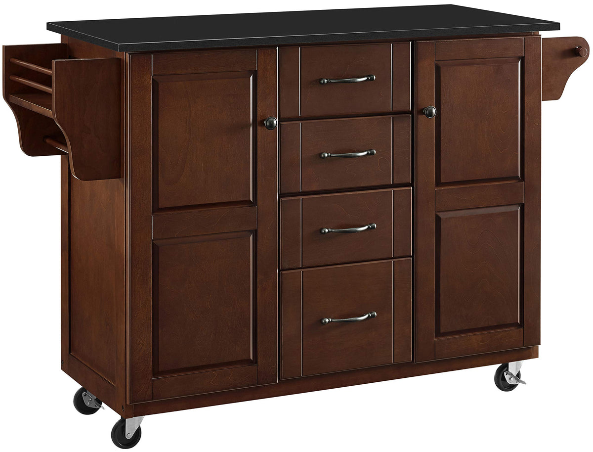 Crosley Furniture Eleanor Granite Top Rolling Cart Kitchen Island with Spice Rack, Drawers and Shelves, Mahogany