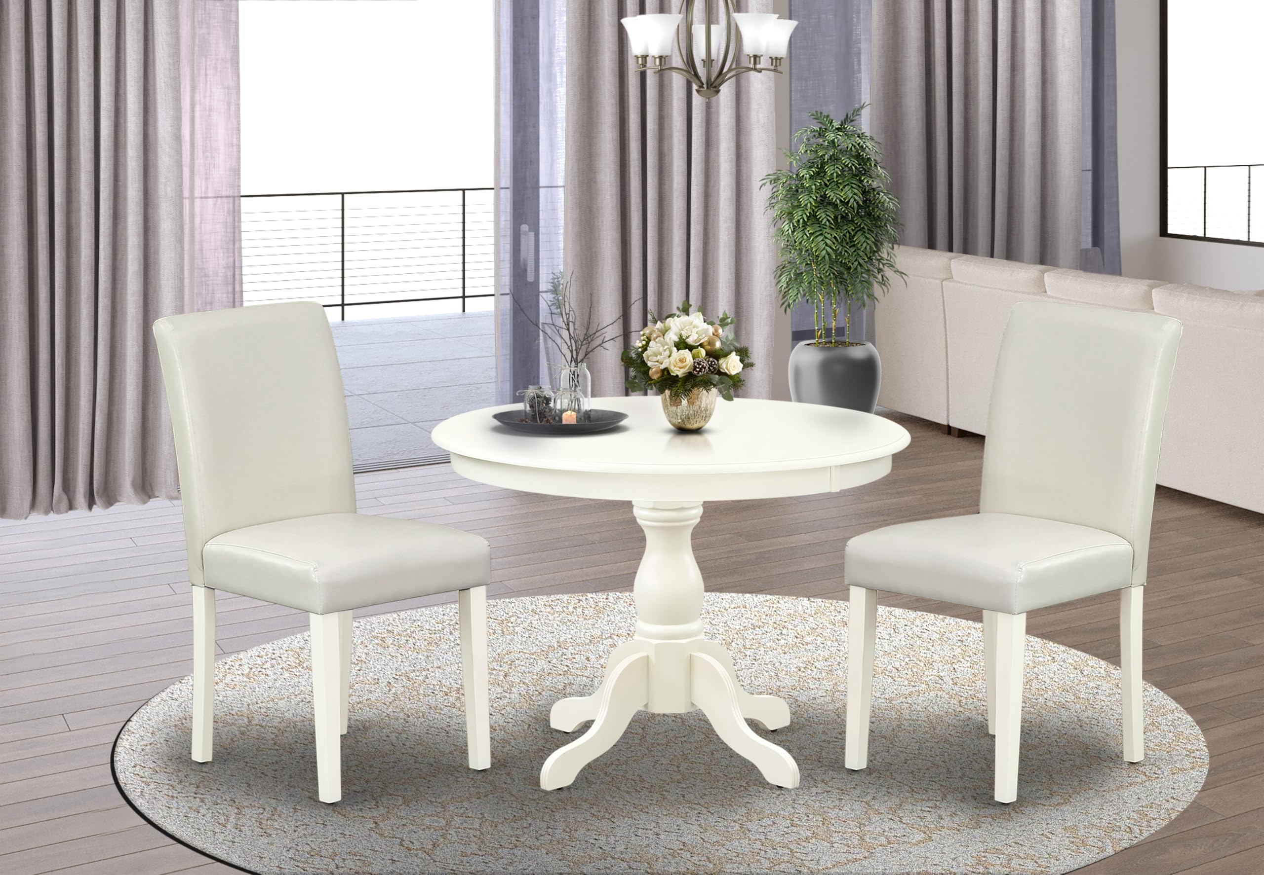 East West Furniture HBAB3-LWH-64 3 Piece Dining Room Table Set Contains a Round Kitchen Table with Pedestal and 2 White Faux Leather Parson Dining Chairs, 42x42 Inch, Linen White