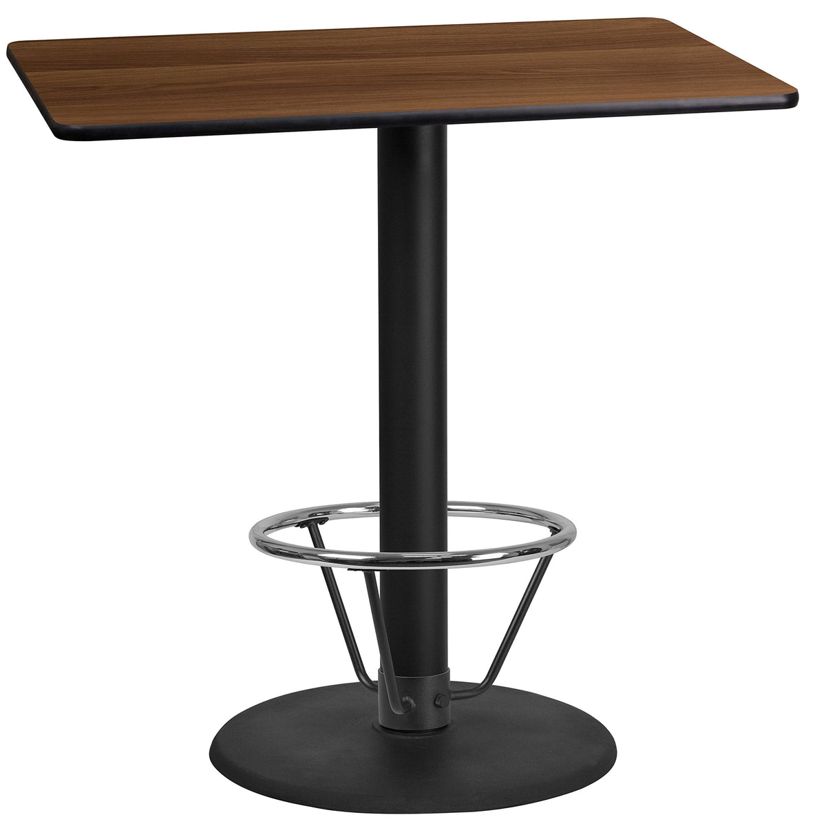 Flash Furniture Stiles 24'' x 42'' Rectangular Walnut Laminate Table Top with 24'' Round Bar Height Table Base and Foot Ring