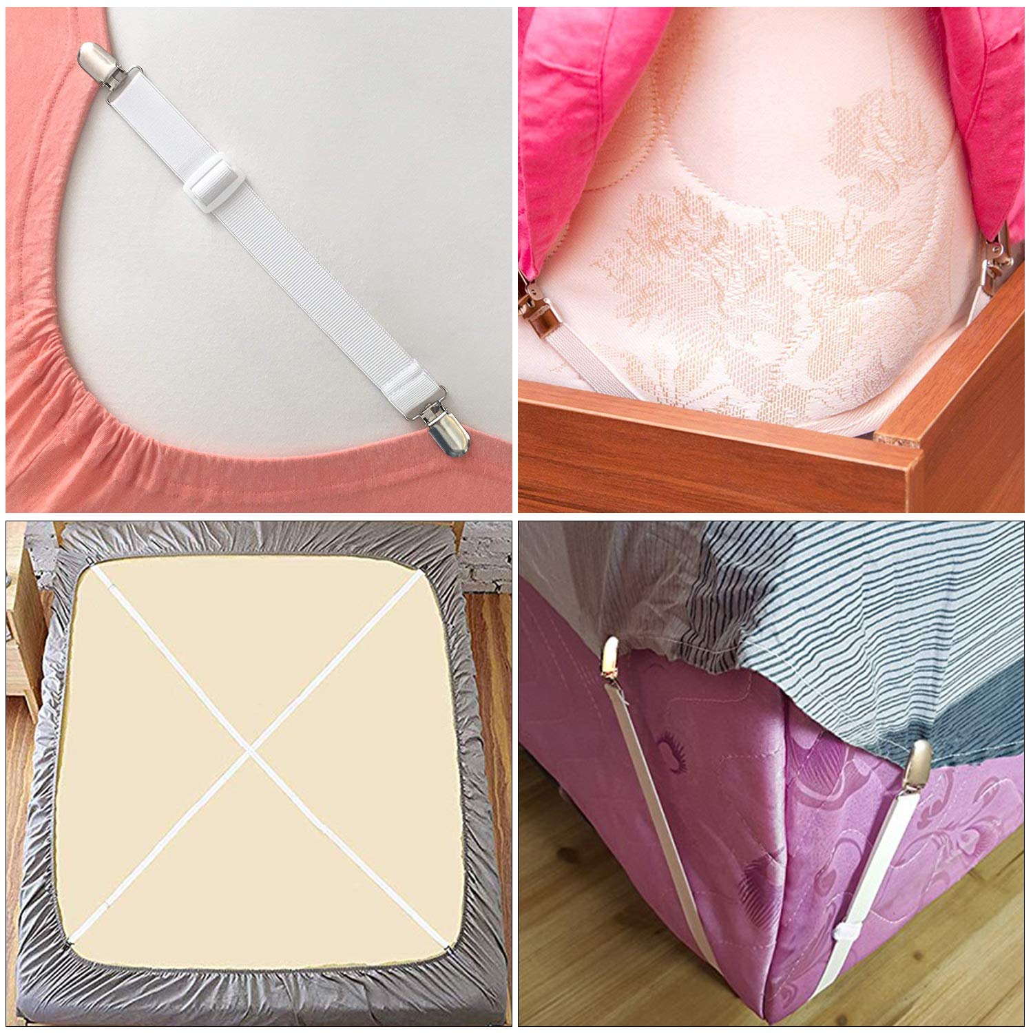 8Pcs Sheet Straps, Adjustable Bed Sheet Holder Straps Fitted Sheet Clips,Elastic Bed Sheet Fasteners Sheet Suspenders,White