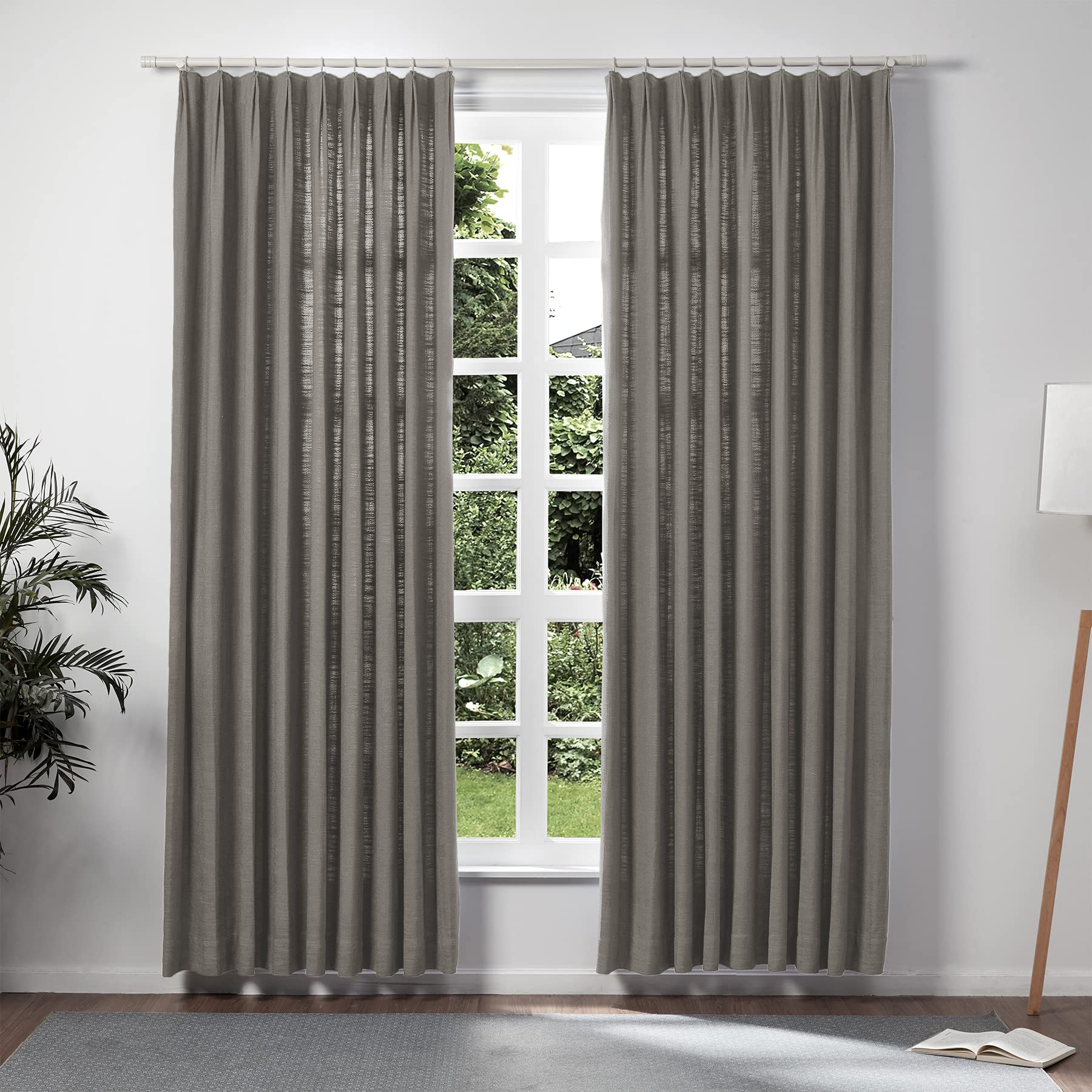 Twopages Carbon Grey Pinch Pleated Drape 96 Inch Length Linen Light Filtering Room Darkening Curtain For Bedroom, Double Layer L