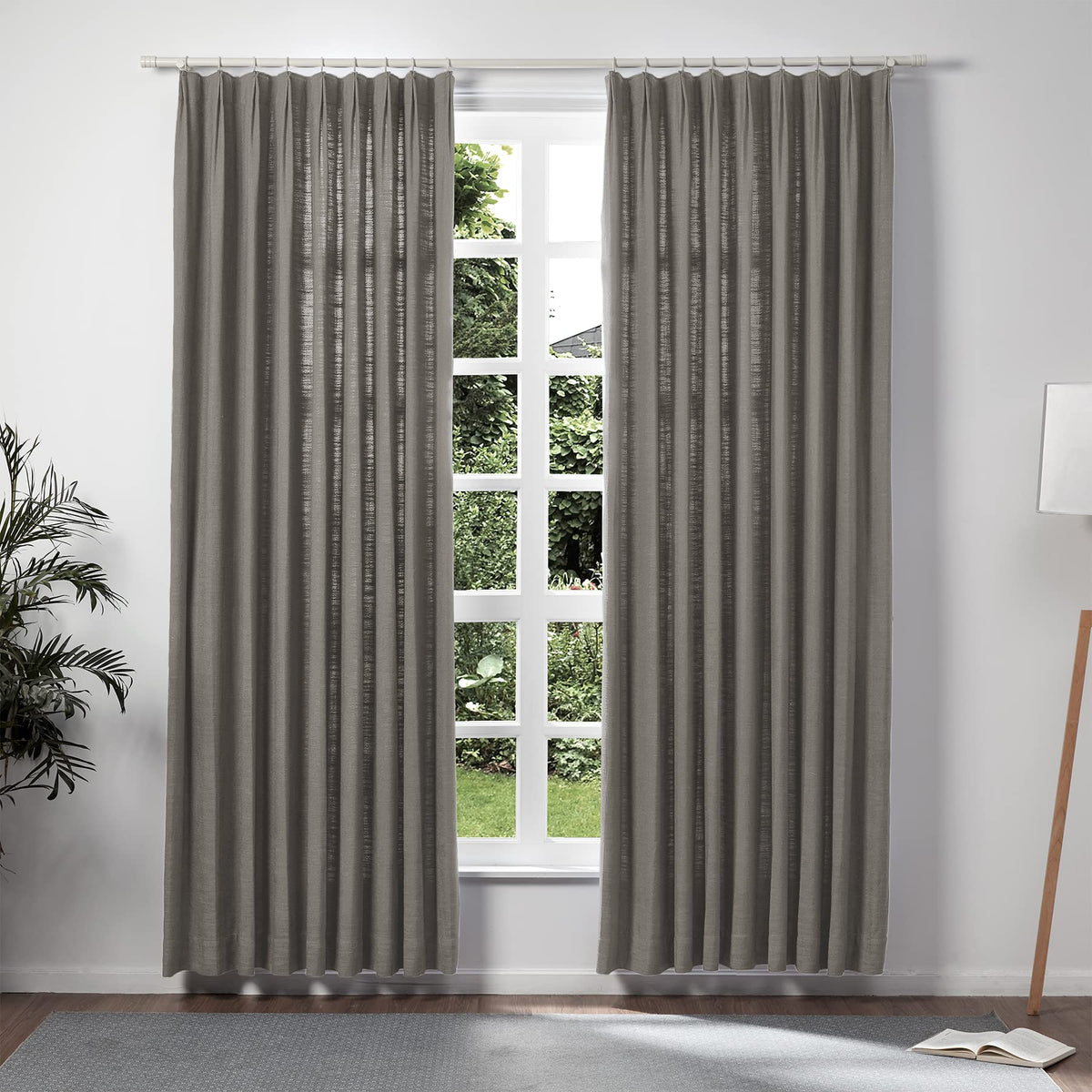 Twopages Carbon Grey Linen Pinch Pleat Drape For Living Room, Window Treatment Curtain Panel Double Layer Room Darkening Light F