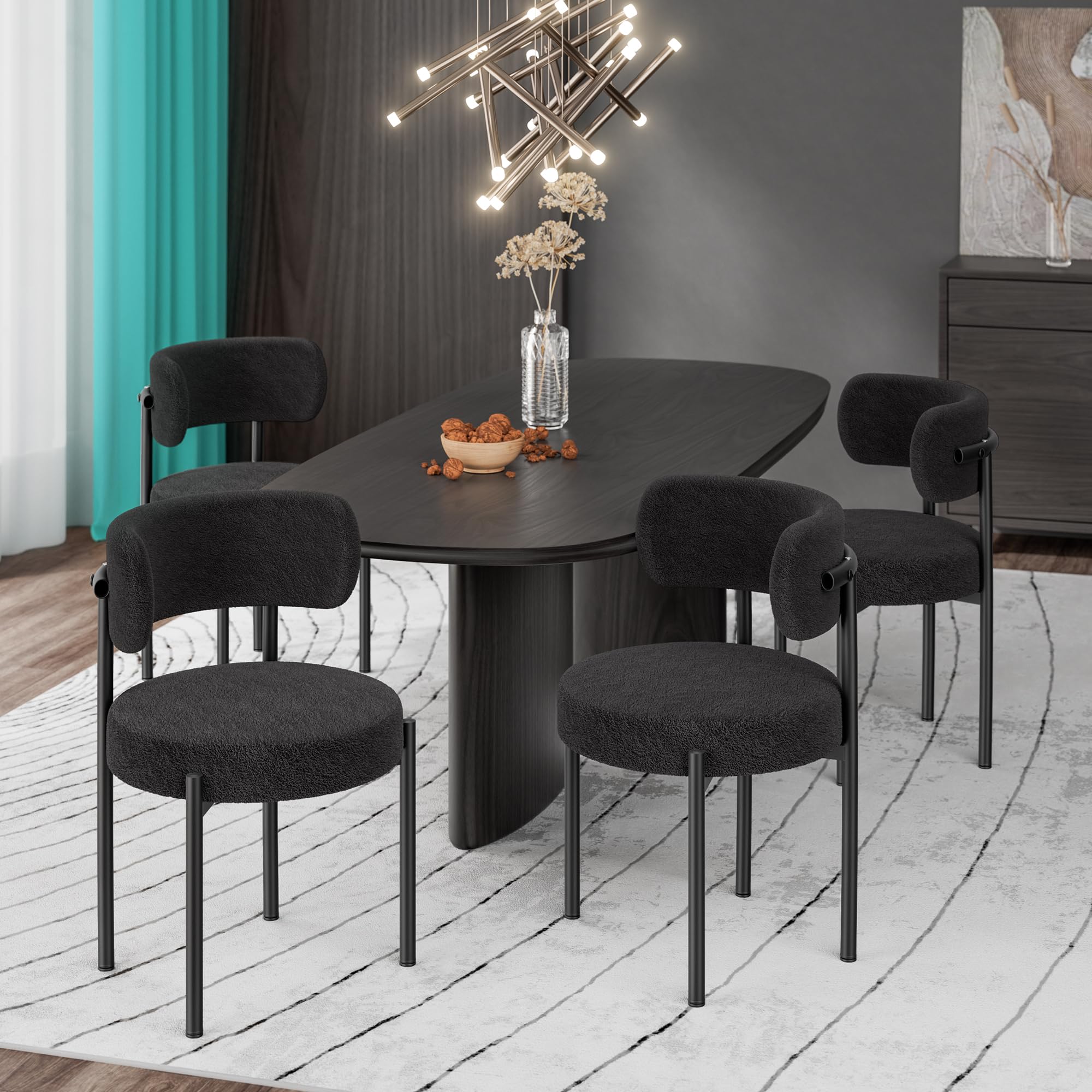 Patioperk Boucle Dining Chairs Set Of 4, Black Mid Century Morden Chair With Curved Backrest, Round Upholstered Sherpa With Meta