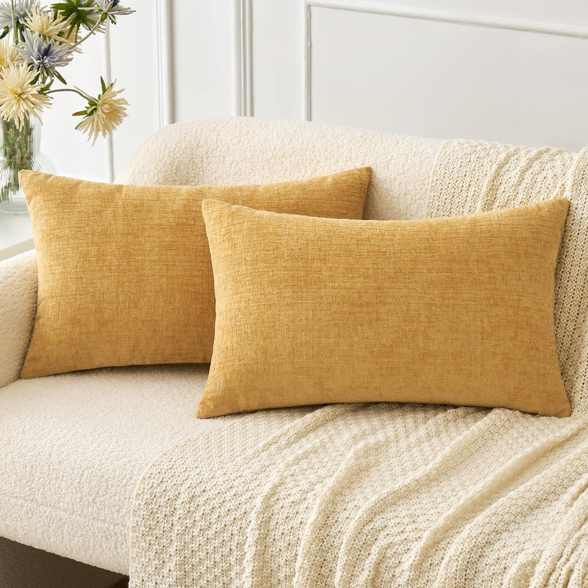 Miulee Pack Of 2 Fall Couch Throw Pillow Covers 12X20 Inch Soft Gold Chenille Pillow Covers For Sofa Living Room Solid Dyed Pill