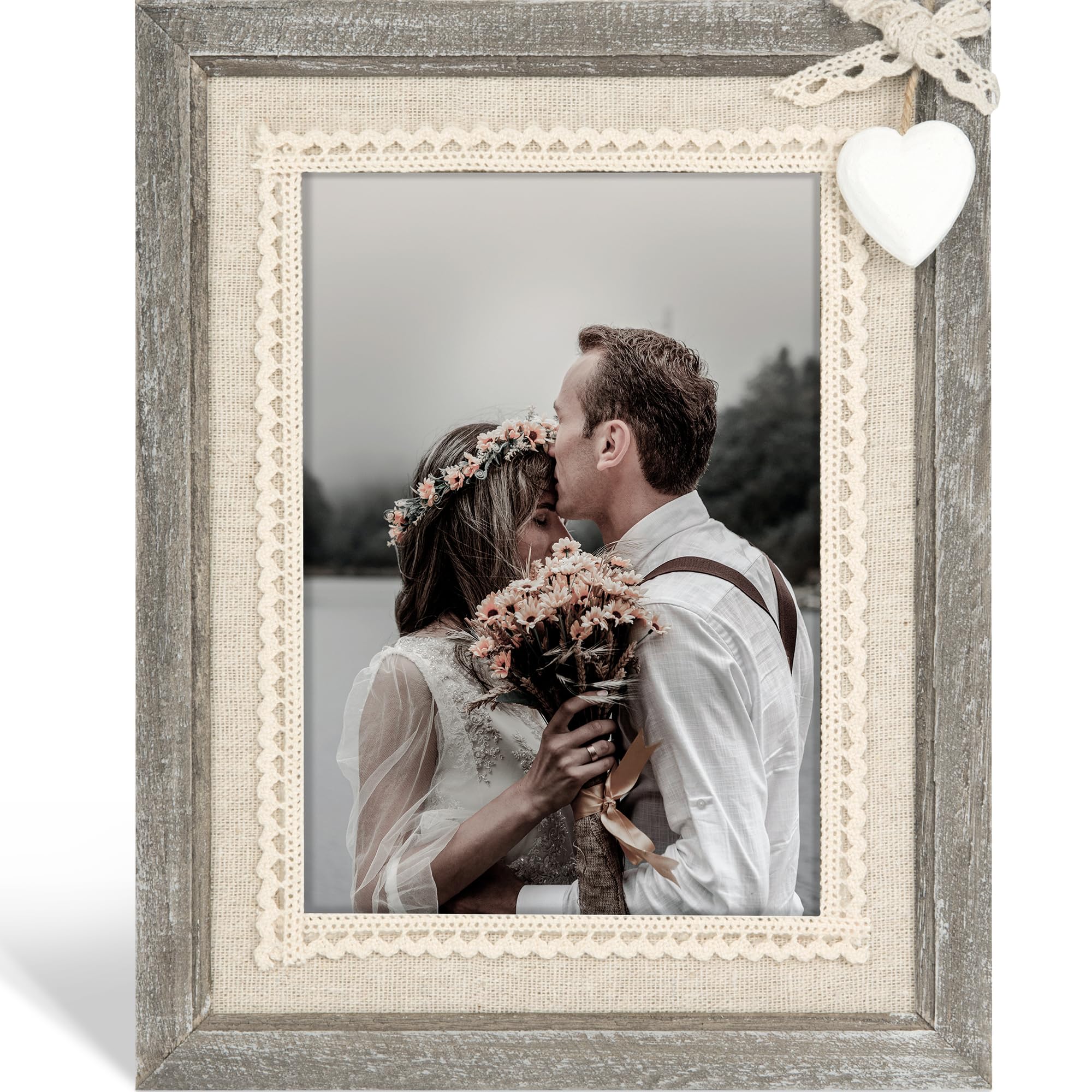 Sapowerntus 5x7 Picture Frames Rustic Wood Farmhouse Cute Heart Love Solid Wooden Family Photo Frame Lace Bow Glass Boho Wall De