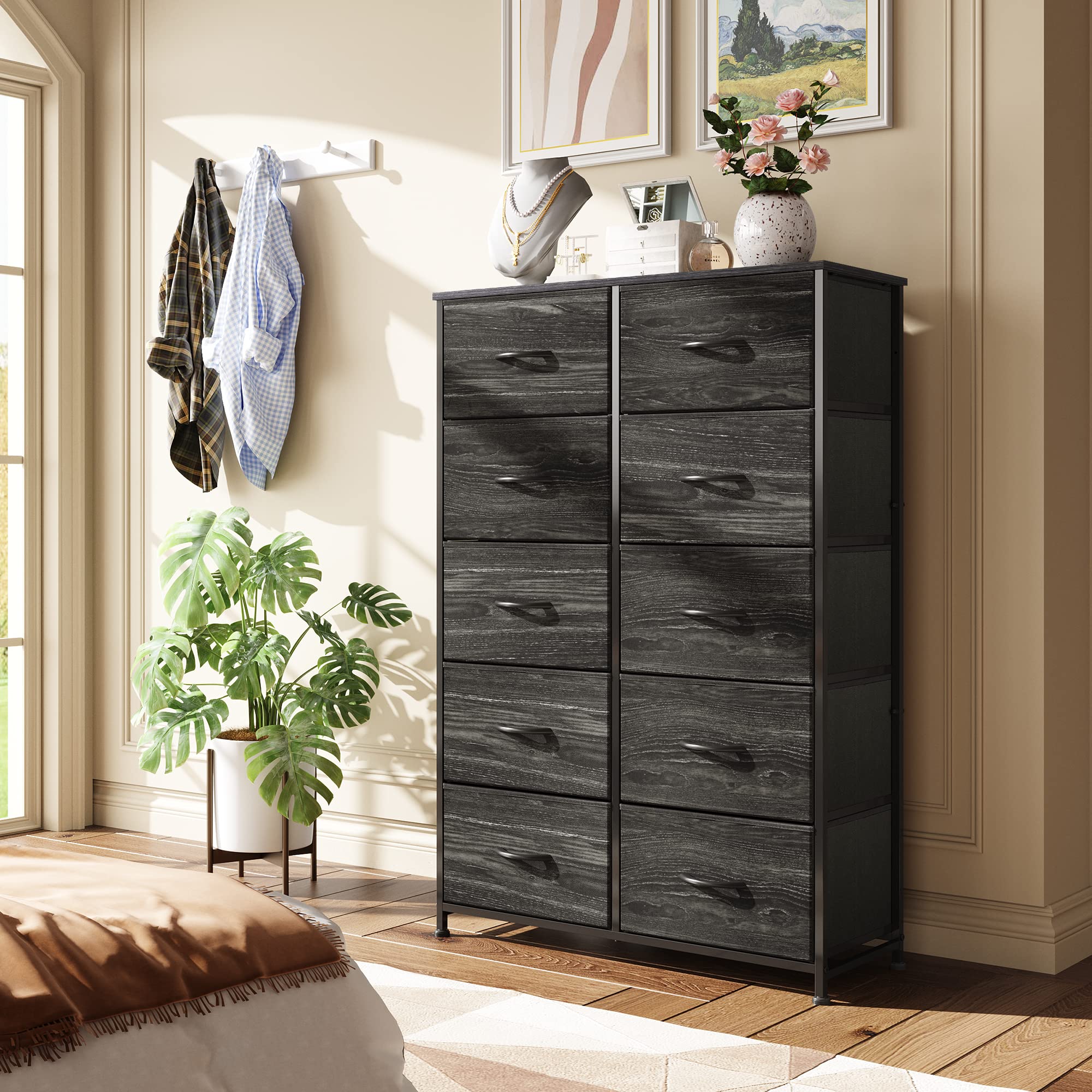 Wlive 10-Drawer Dresser, Fabric Storage Tower For Bedroom, Hallway, Nursery, Closets, Tall Chest Organizer Unit With Fabric Bins, Steel Frame, Wood Top, Pull Handle, Charcoal Black Wood Grain Print