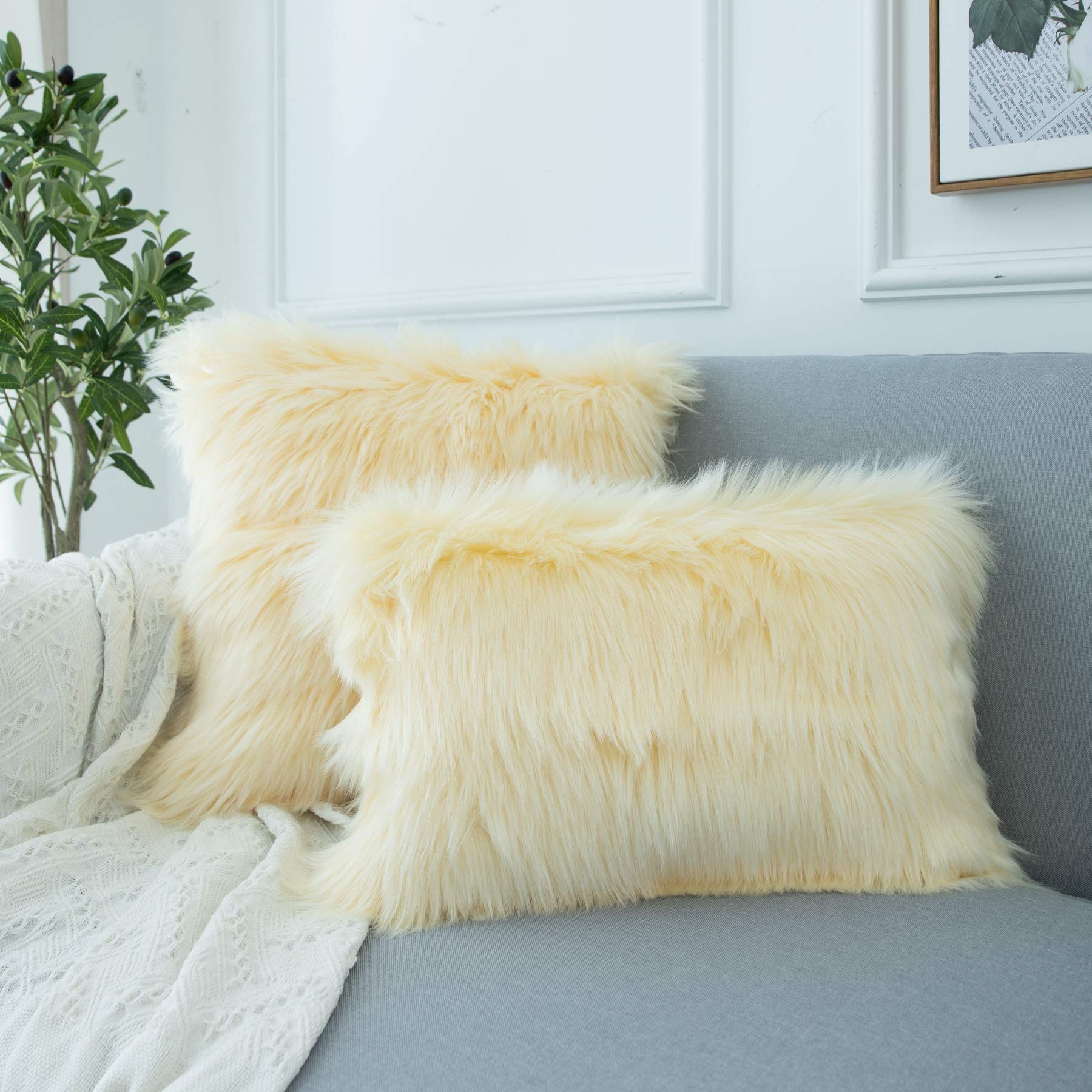 Ligicky Set Of 2 Decorative Lumbar Pillow Covers Soft Light Yellow Fluffy Throw Pillow Cover Luxury Series Rectangle Plush Pillo
