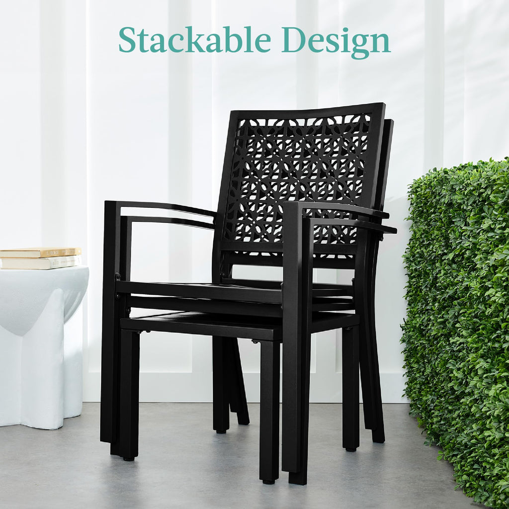 Best Choice Products 3-Piece Outdoor Bistro Set, Stackable Modern Steel Furniture For Porch, Garden W/ 2 Chairs, Table, Geometric Decor - Black