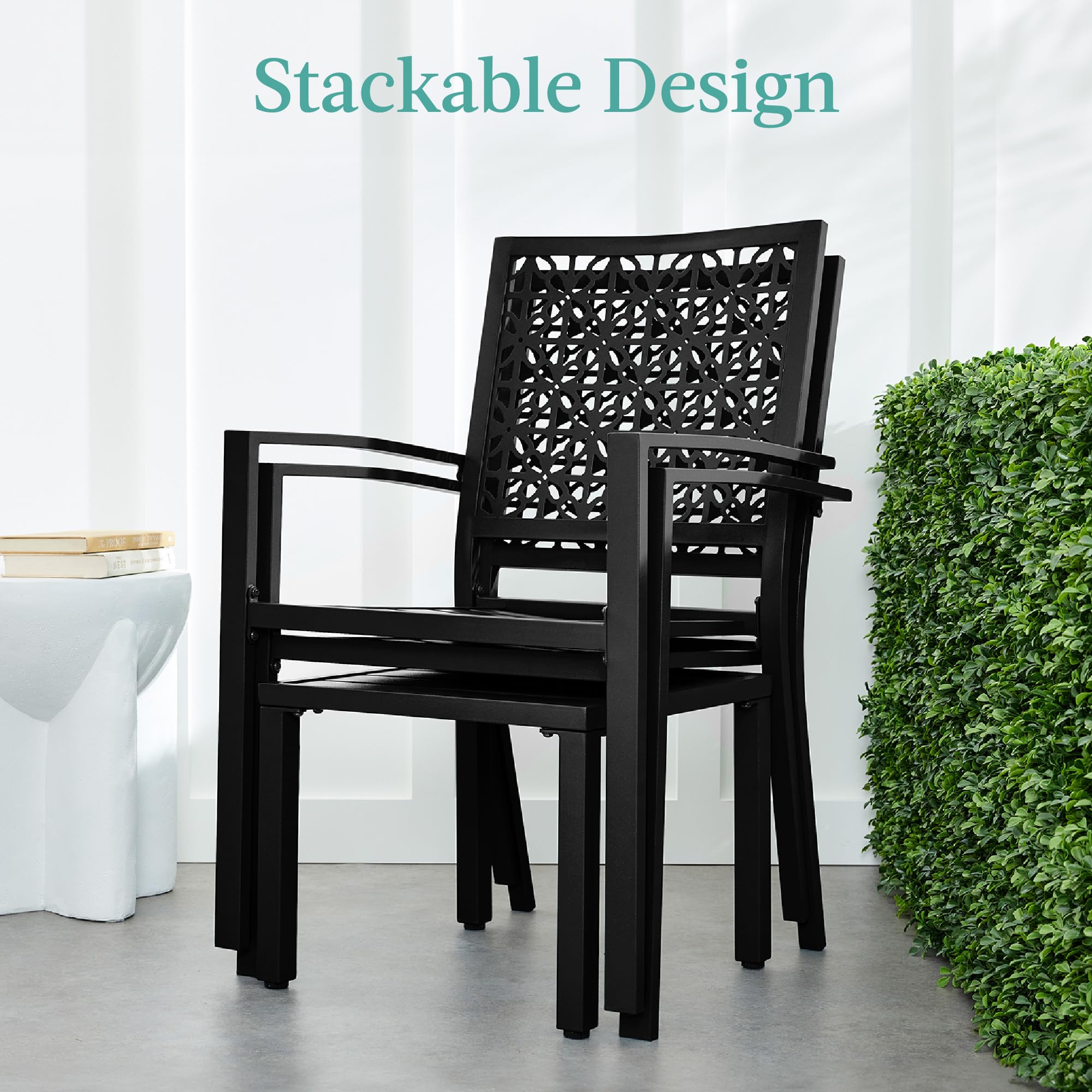 Best Choice Products 3-Piece Outdoor Bistro Set, Stackable Modern Steel Furniture For Porch, Garden W/ 2 Chairs, Table, Geometric Decor - Black