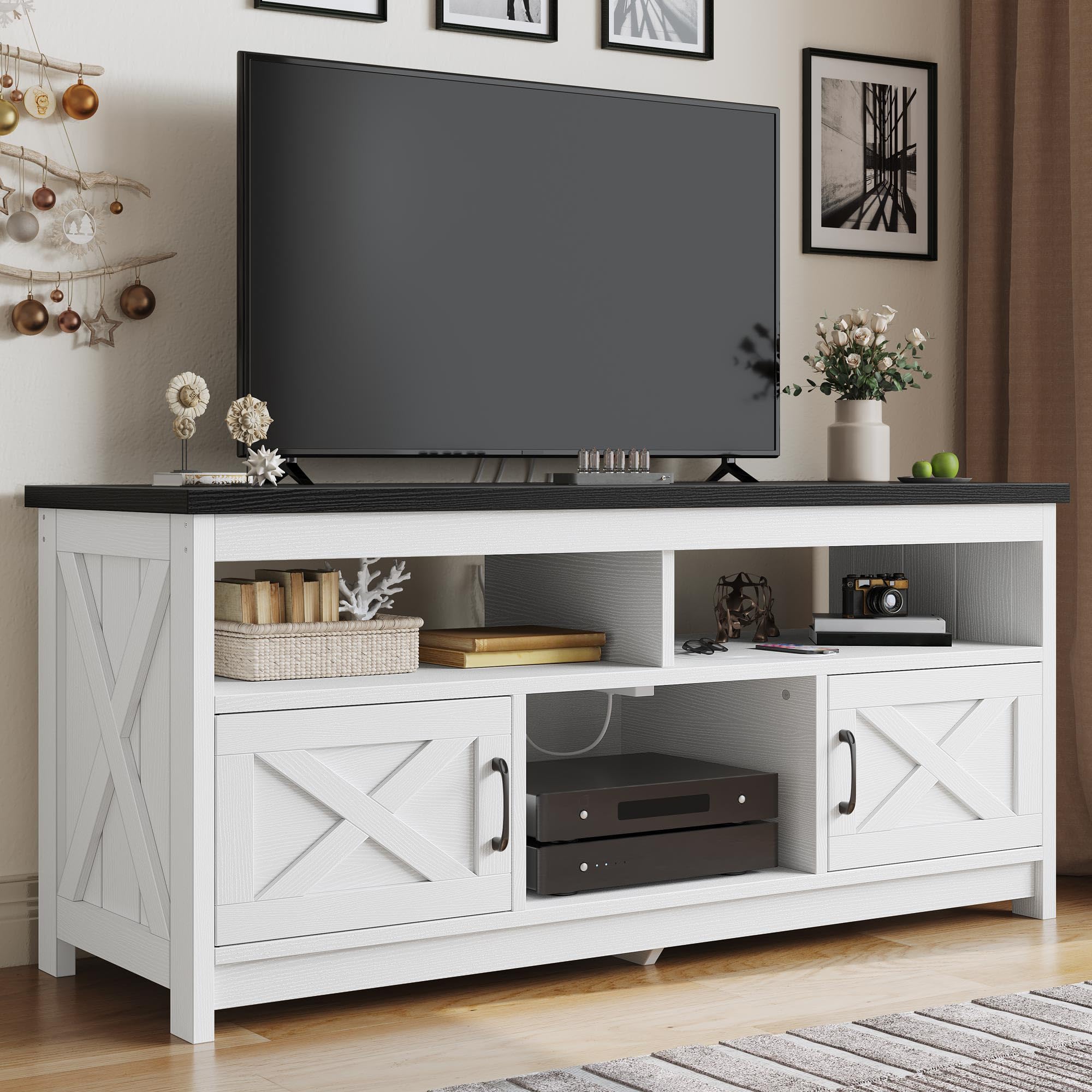 YITAHOME TV Stand for 65/55 Inch Television, Farmhouse Entertainment Center Television Stand with Power Outlets and Open Shelf, 