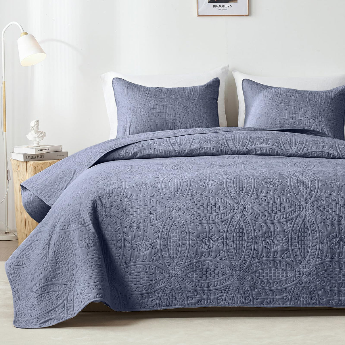 Akkialla Quilts Queen Size,Bluish Grey Ultrasonic Full/Queen Quilt Set,Lightweight Soft Bedspread Coverlet,Modern Style Coin Pat
