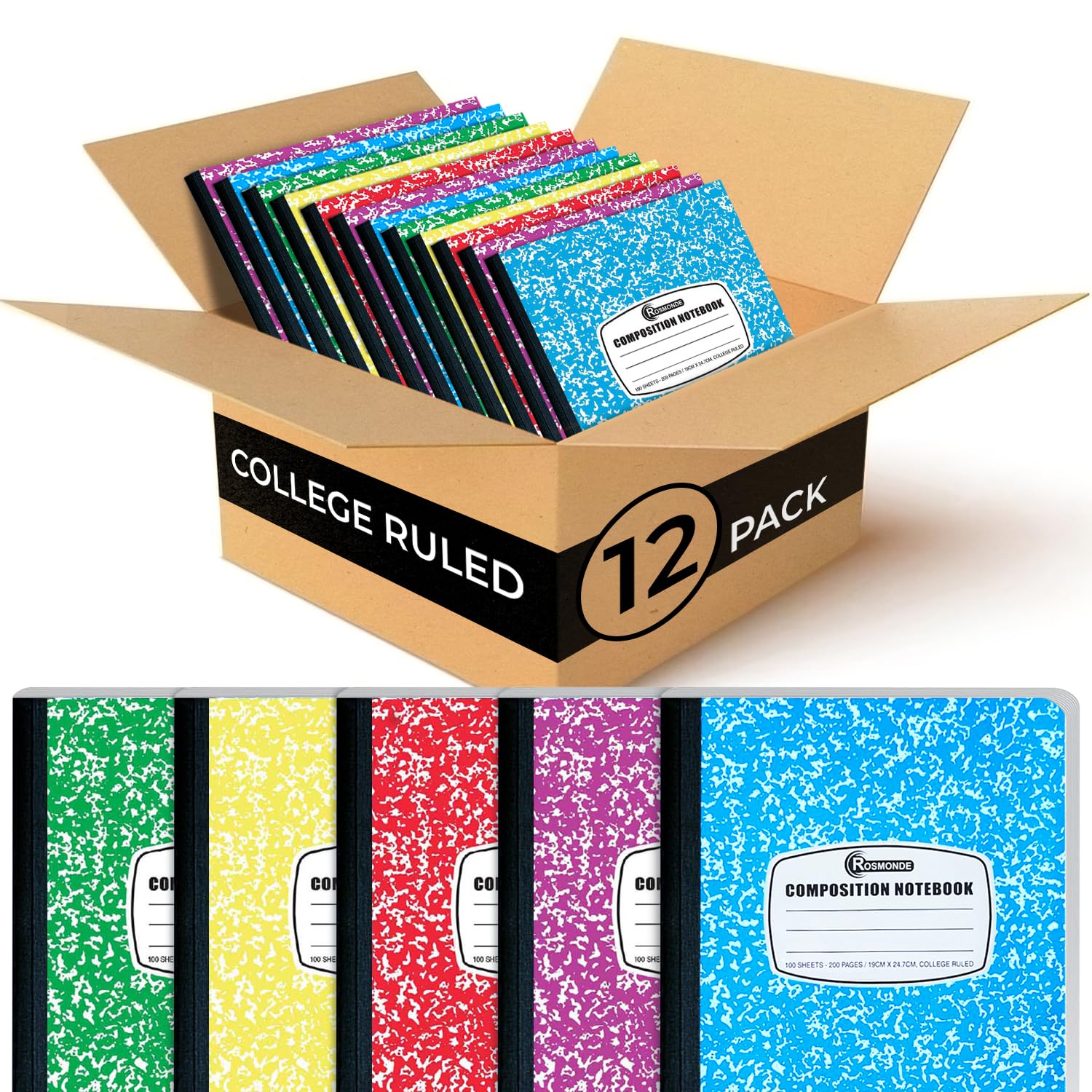 Rosmonde 12 Pack Bulk Composition Notebooks College Ruled, 200 Pages (100 Sheets), 9-3/4 X 7-1/2, Hard Cover College Ruled Noteb